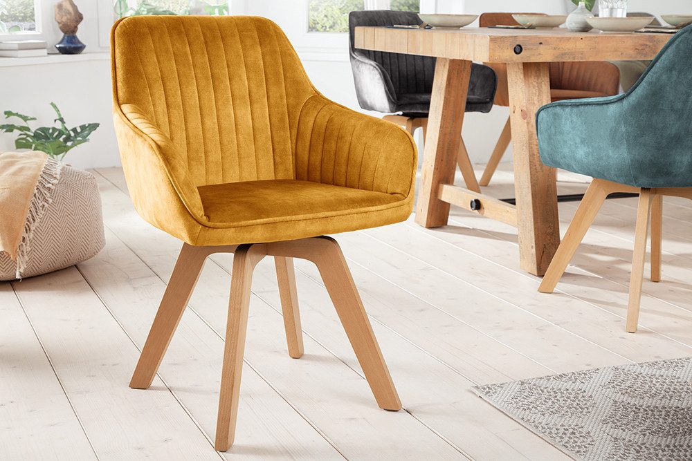 riess-ambiente Polsterstuhl LIVORNO senfgelb/natur – Samt, drehbar, Holz-Beine, mit Armlehne (Einzelartikel, 1 St), mit 180° Drehfunktion und Autoreturn – ideal für Dein Esszimmer