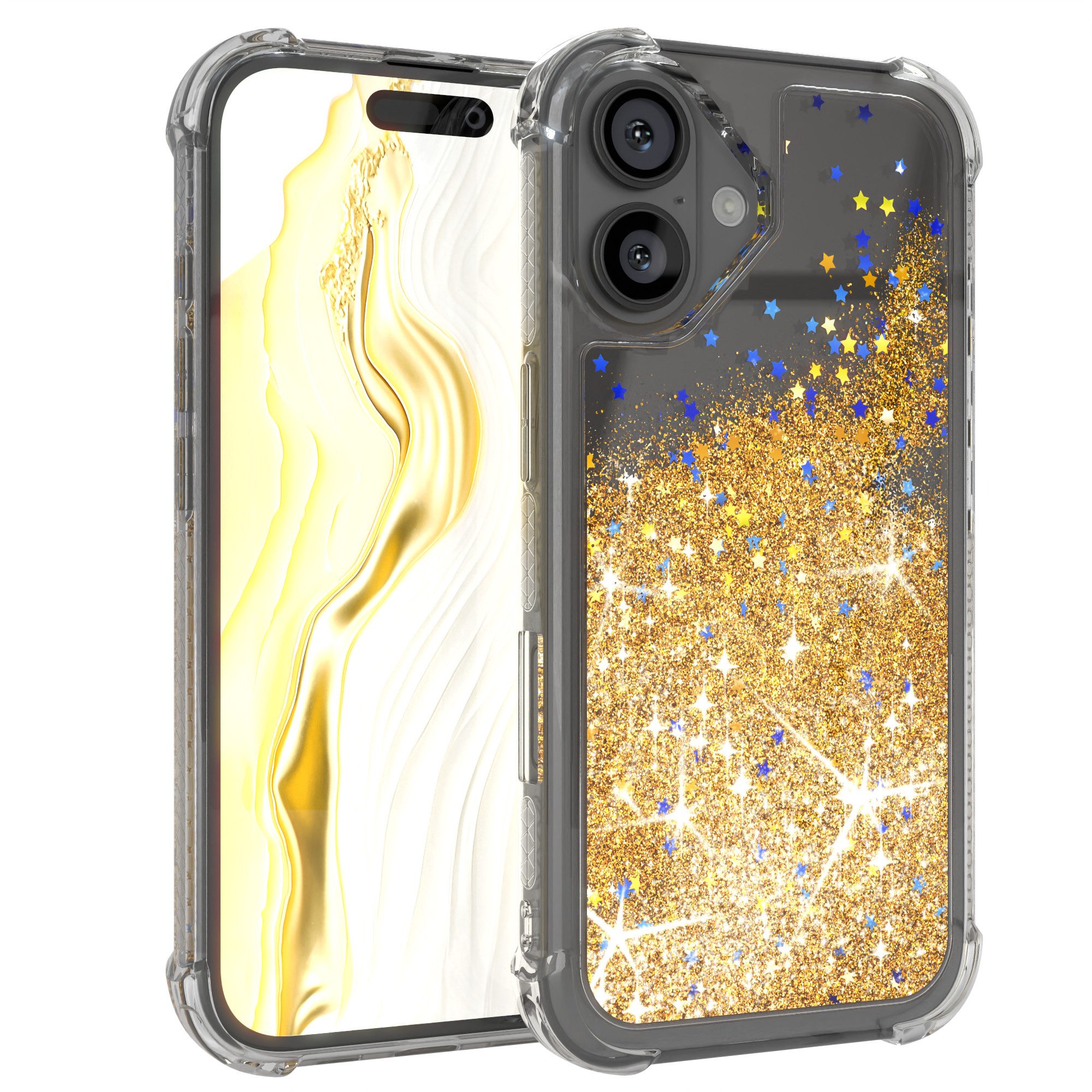 EAZY CASE Handyhülle Liquid Glittery Case für Apple iPhone 16 6,1 Zoll, Durchsichtig Back Case Handy Softcase Silikonhülle Glitzer Cover Gold
