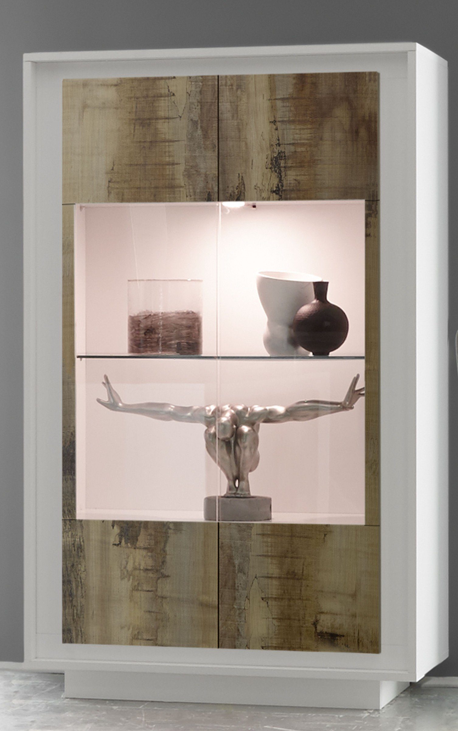 möbelando Vitrine Sky (BxHxT: 106x171x50 cm) aus Holzwerkstoff in Weiss Lack matt mit 2 Türen und 6 Fächern | Vitrinenschränke