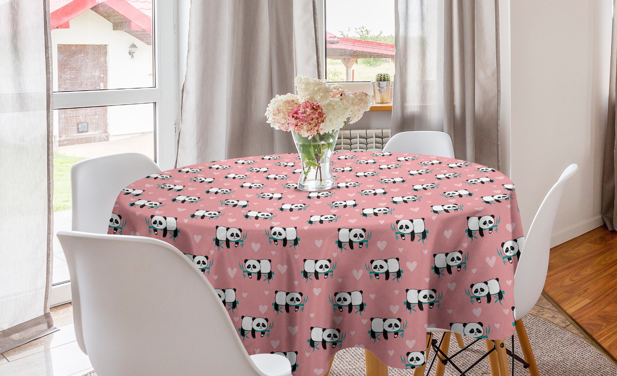 Abakuhaus Tischdecke Kreis Tischdecke Abdeckung für Esszimmer Küche Dekoration, Panda Monochrome Bär Bambus-Herzen