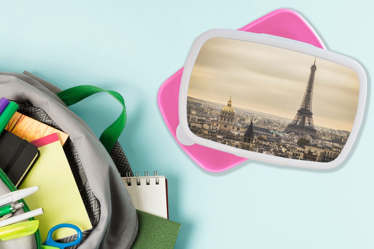 und Lunchbox für Erwachsene, Kinder, Eiffelturm, MuchoWow Paris rosa Wolken Mädchen, Kunststoff Dichte Snackbox, Kunststoff, Brotdose über Brotbox (2-tlg), dem