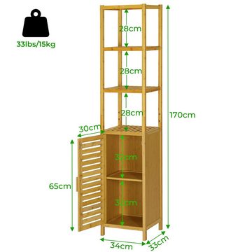 MSMASK Beistellschrank Badezimmerschrank aus Bambus, mit 3 offene Fächern und Schrank hoher Beistellschrank, 34 x 33 x 170 cm Aufbewahrungsschrank