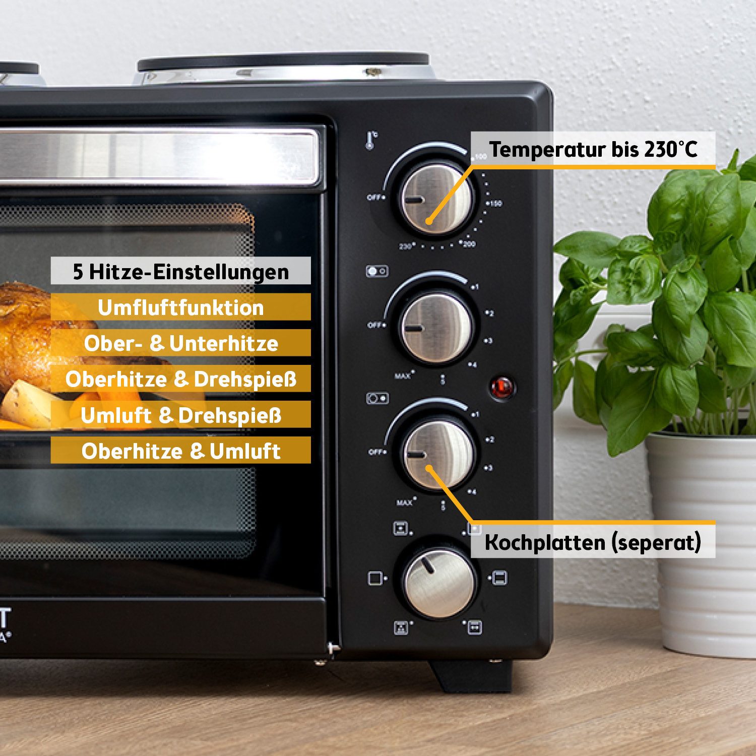 TZS FIRST AUSTRIA Minibackofen Pizzaofen mit Kochplatten, 30L, 3200W, Mini Backofen mit Umluft, max 230°C, Backblech, Drehspieß, Grillrost, Innenbeleuchtung – Bild 4 von 5