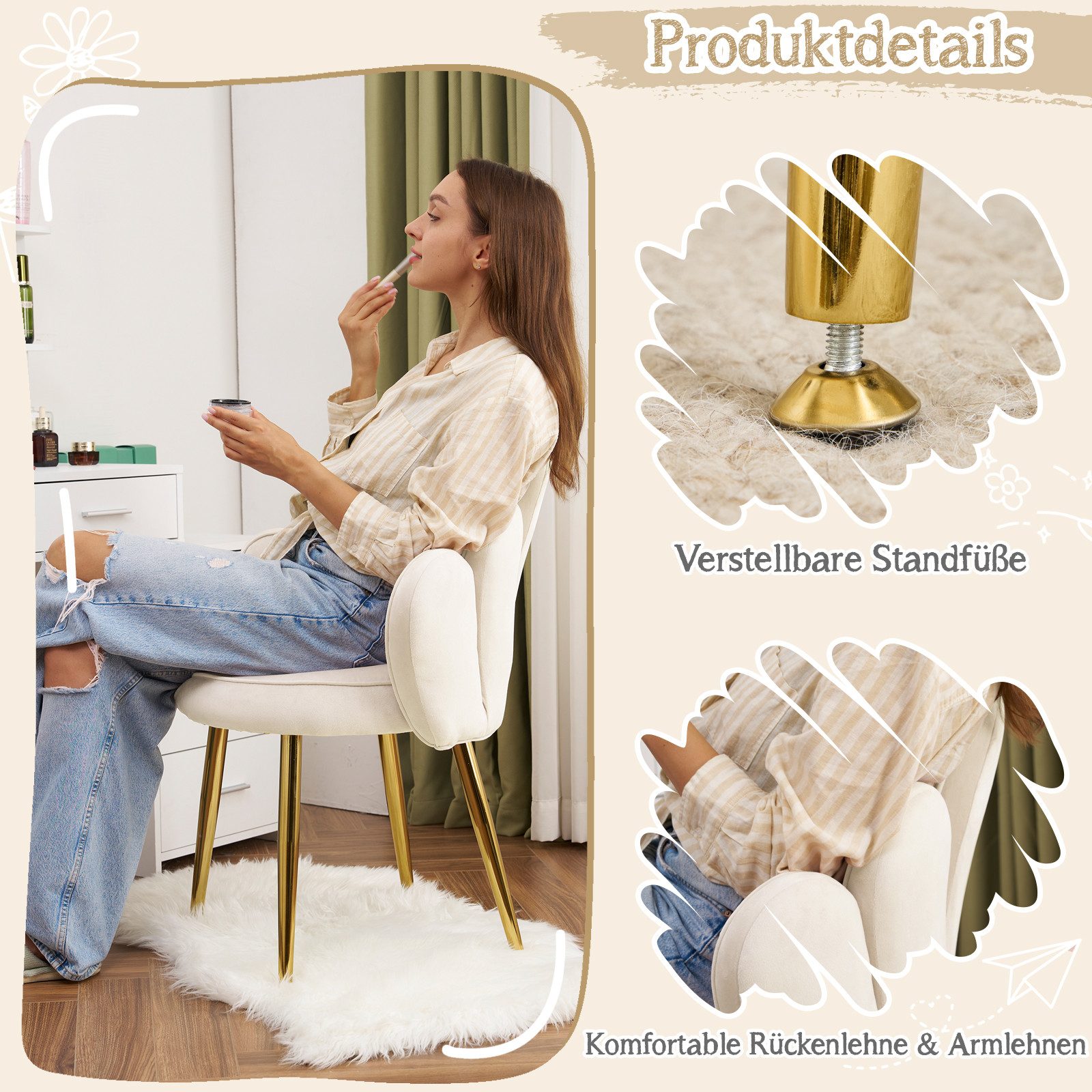 VINGLI Polsterstuhl mit Schleife Zierkissen, Schminktisch Stuhl, Monderne Esszimmerstuhl – Bild 5 von 5