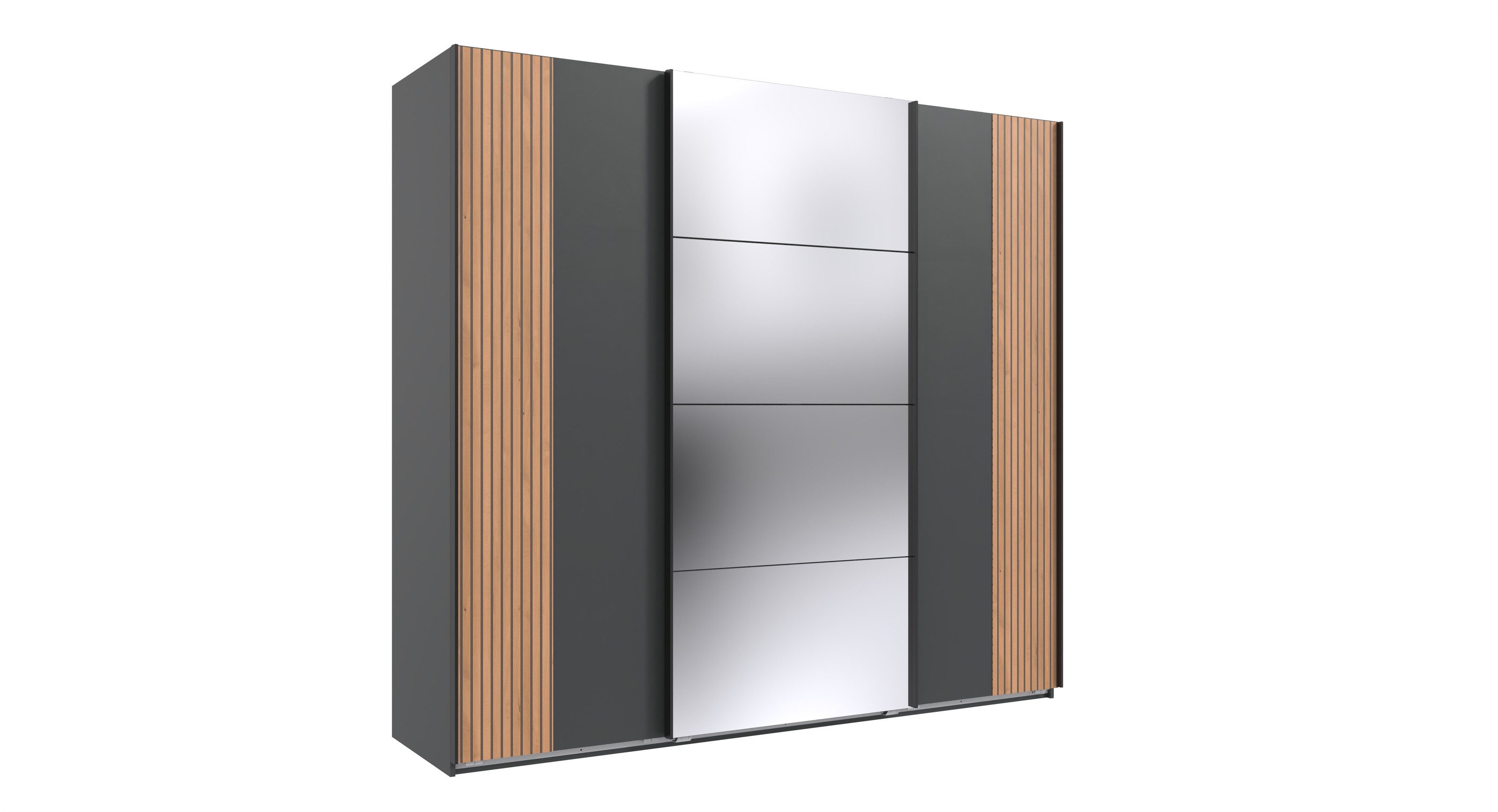 Wimex Schwebetürenschrank Spiegel, Akustiklamelle, Graphit & Artisan Eiche - 225x208x64cm BxHxT