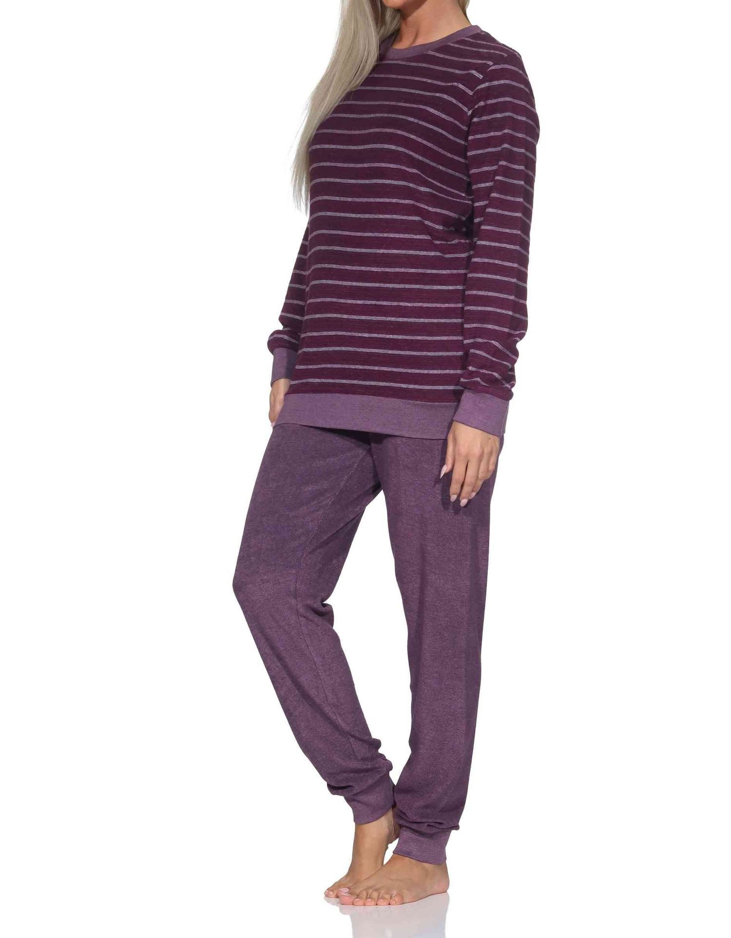 Normann Pyjama Damen Frottee Schlafanzug mit Bündchen in elegantem Streifendesign
