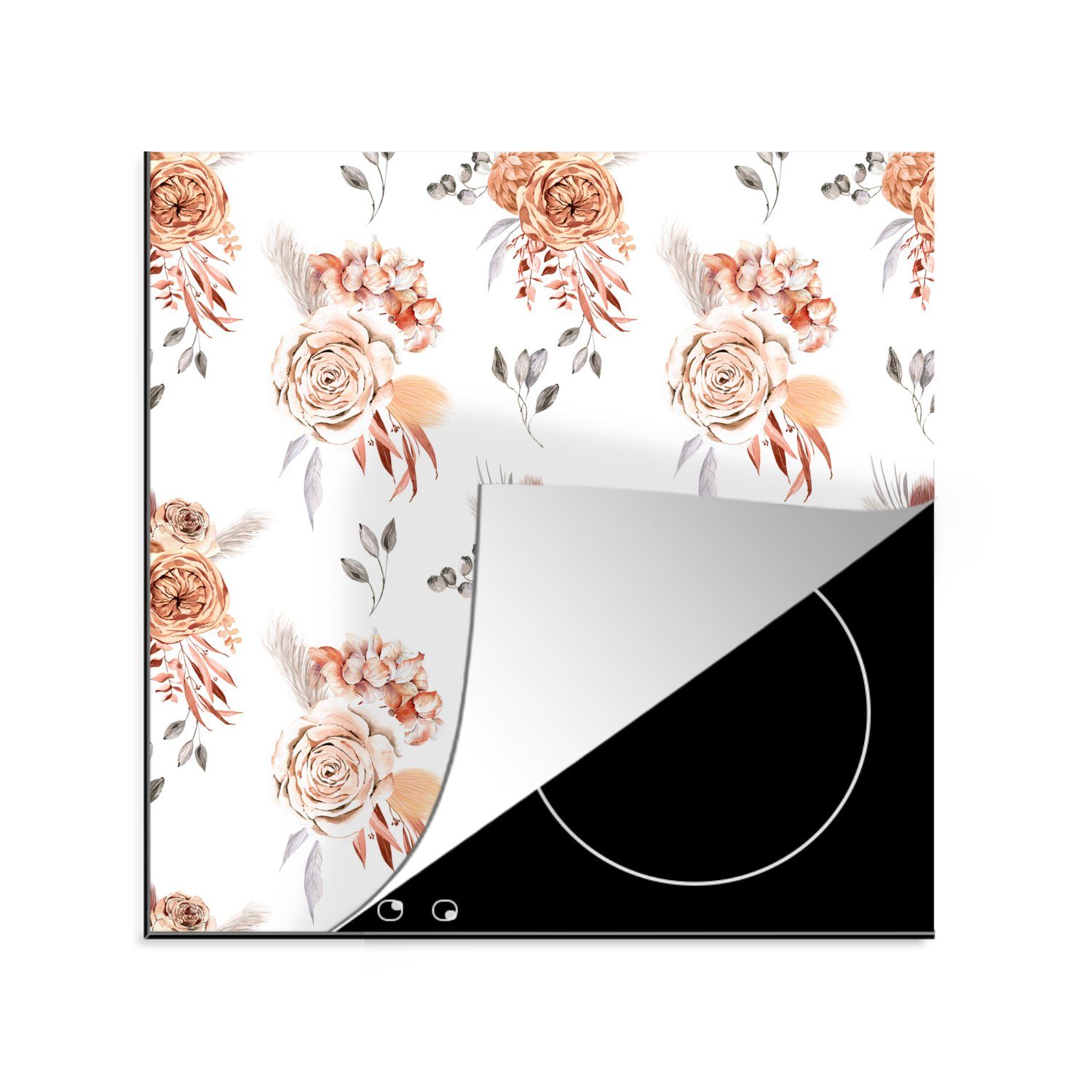 MuchoWow Herdblende-/Abdeckplatte Blumen - Rosen - Blätter - Weiß, Vinyl, (1 tlg), 78x78 cm, Ceranfeldabdeckung, Arbeitsplatte für küche