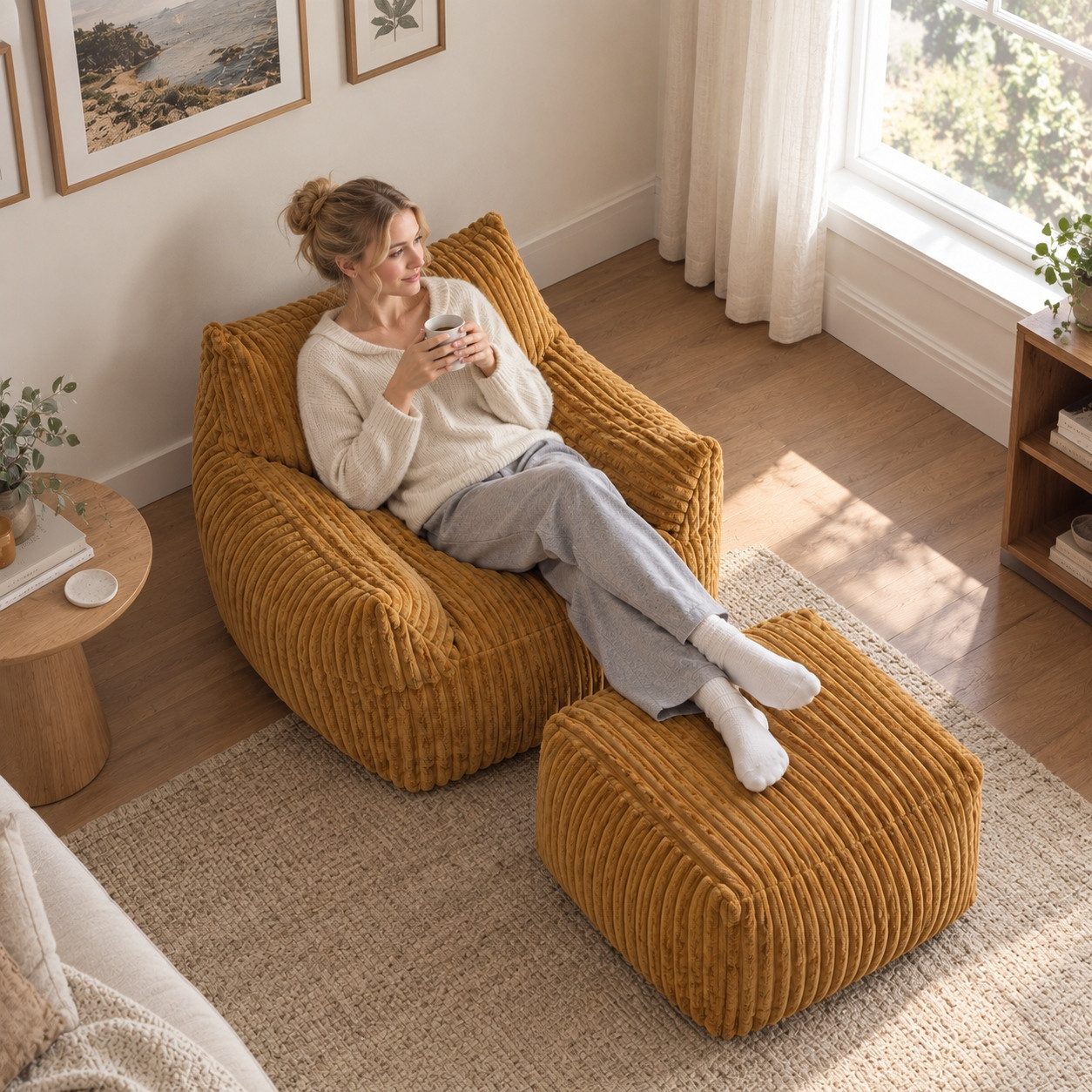 VUZINIC Sessel Corduroy-Beanbag-Stuhl mit Ottoman, Sofa aus hochdichtem Schaumstoff (2-St), Beanbag mit breiten Armlehnen – ideal für Wohnzimmer und Schlafzimme – Bild 4 von 5