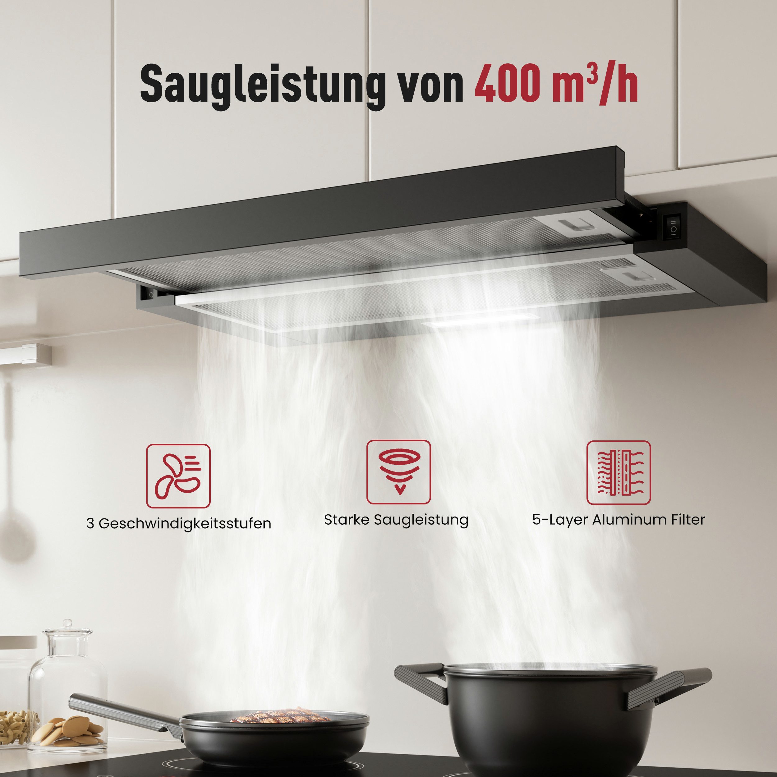 Levivo Flachschirmhaube A+++ 400 m³/h Dunstabzugshaube 60cm Umluft & Abluft A+++ 400 m³/h Dunstabzugshaube 60cm Umluft & Abluft, Aktivkohlefiltern, Fettfiltern, LED-Beleuchtung