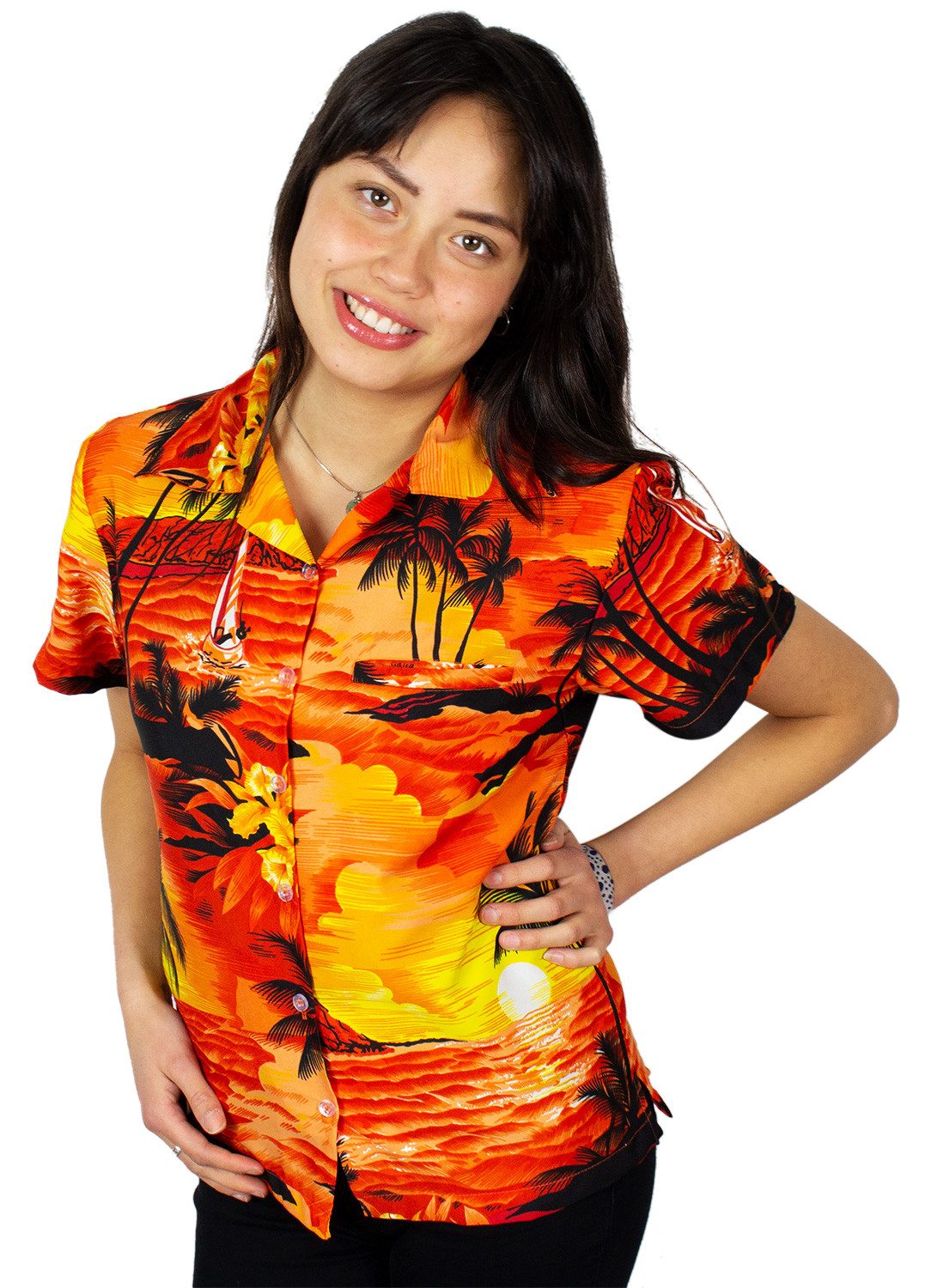 King Kameha Hawaiihemd Surf Funky Hawaiibluse Damen Kurzarm Front-Tasche Stylish