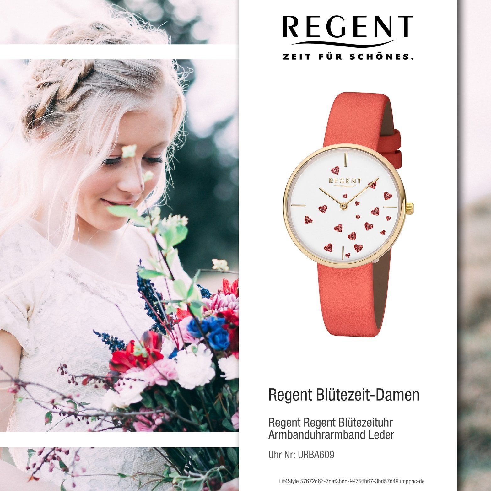 Regent Quarzuhr Regent 36mm) Leder Armbanduhr, rundes rot, BA-609 (ca. Uhr Gehäuse, Lederarmband mittel Damen Damenuhr