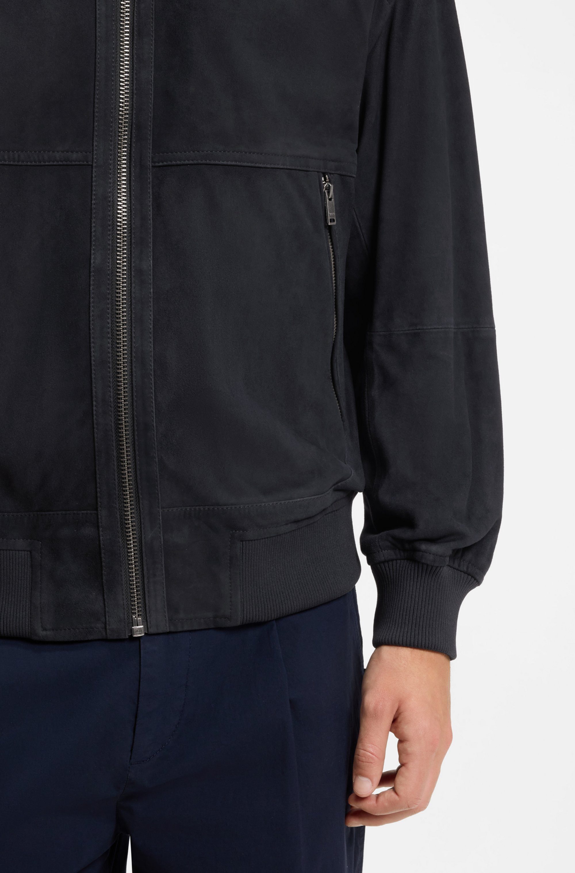 BOSS ORANGE Lederjacke Jonorve Weiches Ziegenveloursleder, Relaxed Fit, Rippstrickbündchen