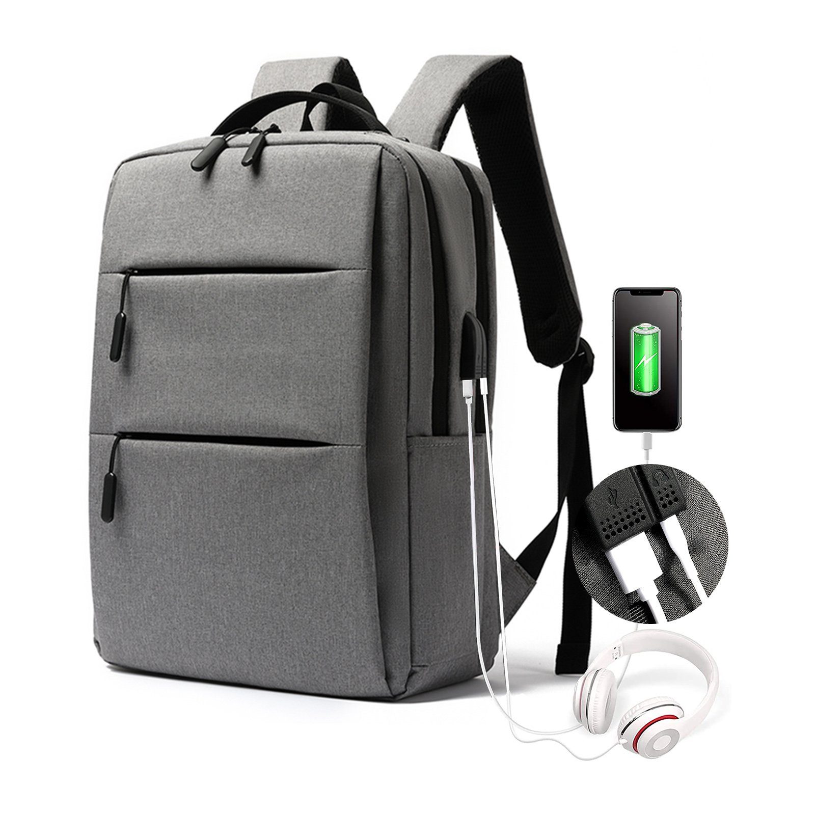 TAN.TOMI Rucksack Laptop Rucksack mit externen USB-Ladeanschluss und  Kopfhörer-Eingang, mit Laptopfach