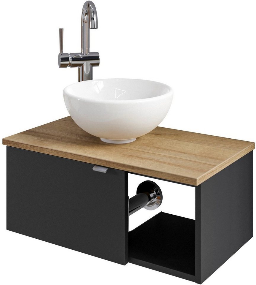 Thumbnail - Saphir Waschtisch Serie 6915 Waschschale mit Unterschrank für Gästebad, Gäste WC (3-St., Keramik-Aufsatzbecken, Waschtis...