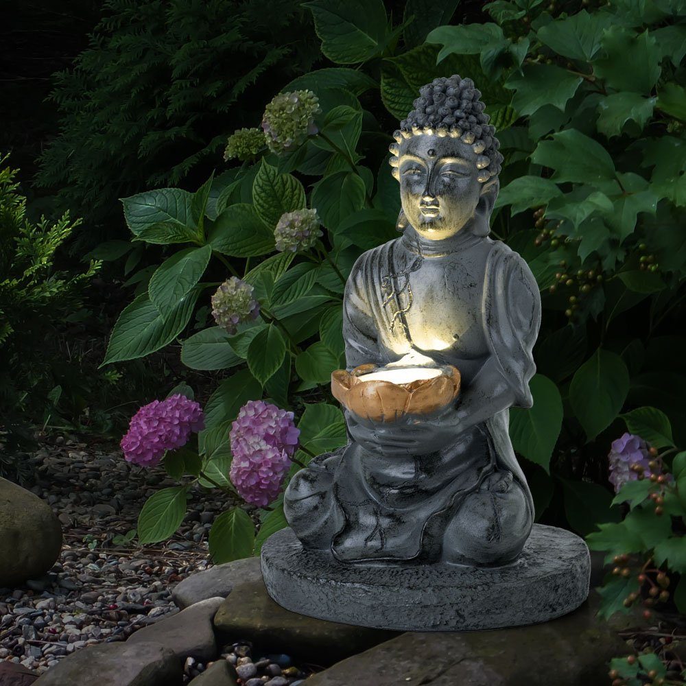 etc-shop LED Dekofigur, beleuchtete Kunststoff LED-Leuchtmittel fest Buddha Skulptur LED Lampe verbaut, Leuchte Solarlampe