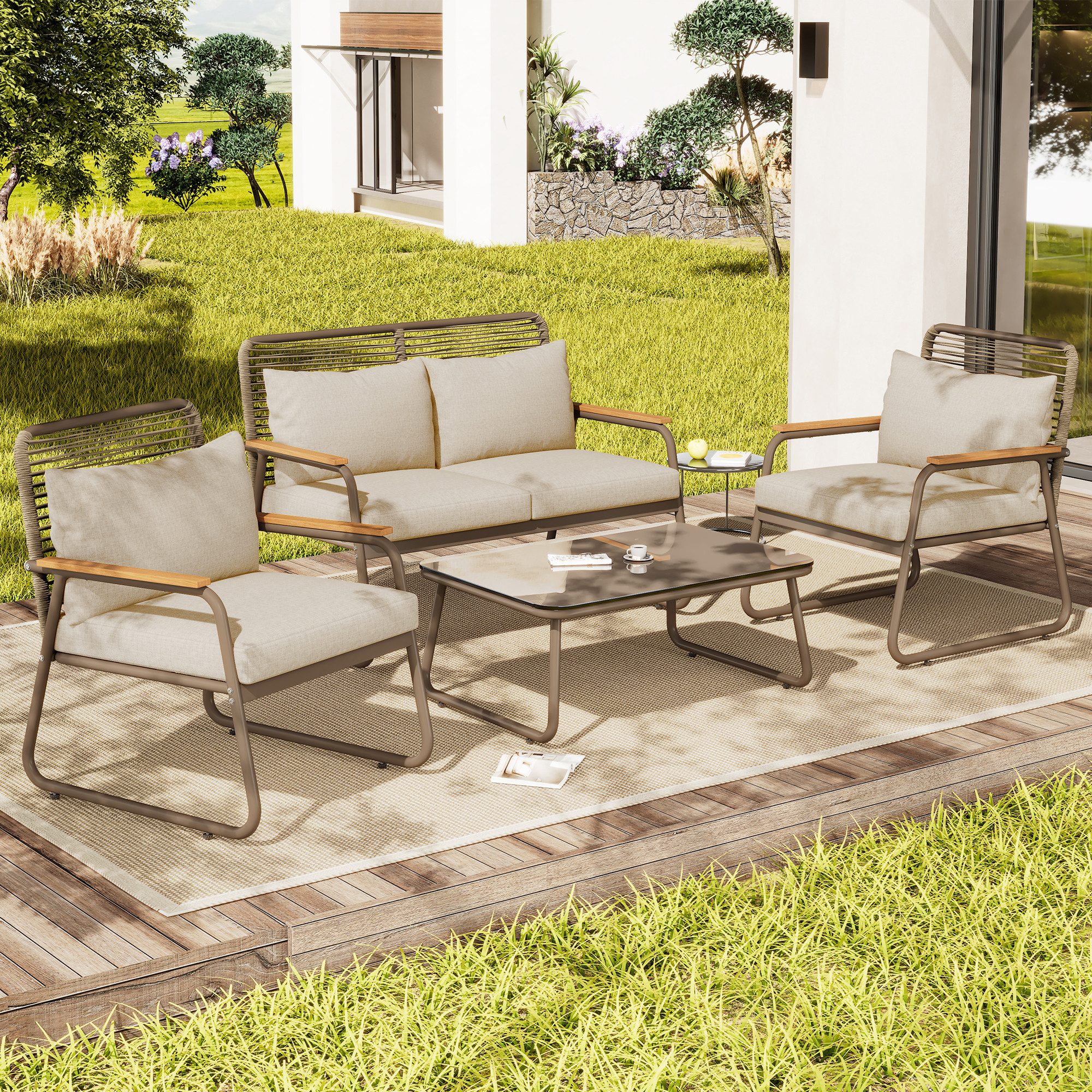 MODFU Sofa Outdoor Garten-Lounge-Set,mit verzinktem Eisengestell, Garten-Lounge-Set für 4 Personen – Modernes Sofa-Tisch-Set mit verzinktem Eisenrahmen, gehärteter Glas-Tischplatte, verstellbaren Beinen & bequemen Kissen – Ideal für Terrasse, Balkon und Garten – Robustes Design für jedes Wetter, mit Relaxfunktion