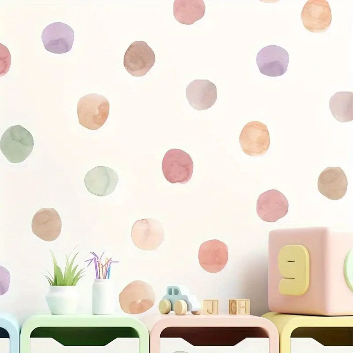 Montegoni Wandtattoo Pastell Polka Dot Wandsticker – 36 Aquarell Punkte Wandtattoo (Polka Dot, Aquarell-Wandaufkleber – 36 Stück -3er-Set- PVC, Kinderzimmer, Sp – Bild 4 von 5