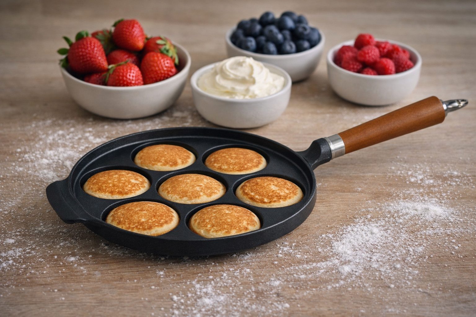 Ronneby Bruk Bratpfanne Maestro Minipfannkuchen-Pfanne, Ø 24 cm, mit Holzgriff, Gusseisen (1-tlg)