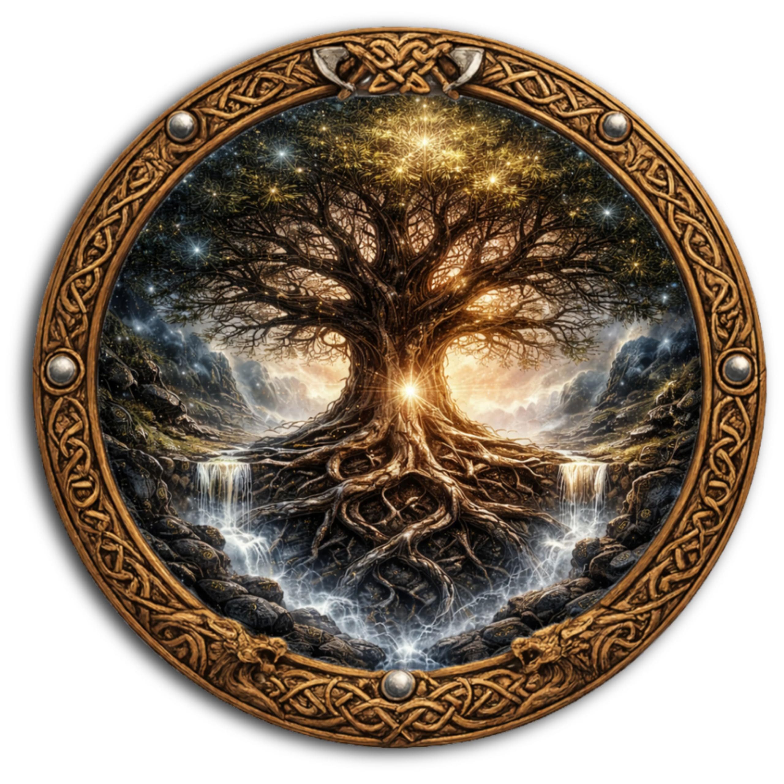 DARO Design Wandbild Wikinger Wandbilder Rund Wand Deko Bilder Mythologie, (Yggdrasil - Bild klein Wohnzimmer Flur Arbeitszimmer Schlafzimmer Diele Einteilig Rund Fotodruck Nordische Mythologie), 20x20 cm