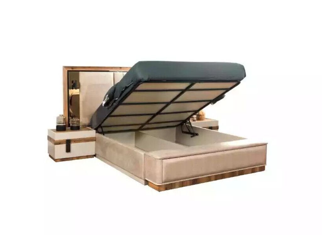 Luxus Europa Stoff Doppelbett (8-St., Made Schlafzimmermöbel Beige, JVmoebel in Komplette Groß Bett/Bank/Nachttische/Kleiderschrank/Schminktisch/Bodenspiegel/Kommode), Schlafzimmer-Set