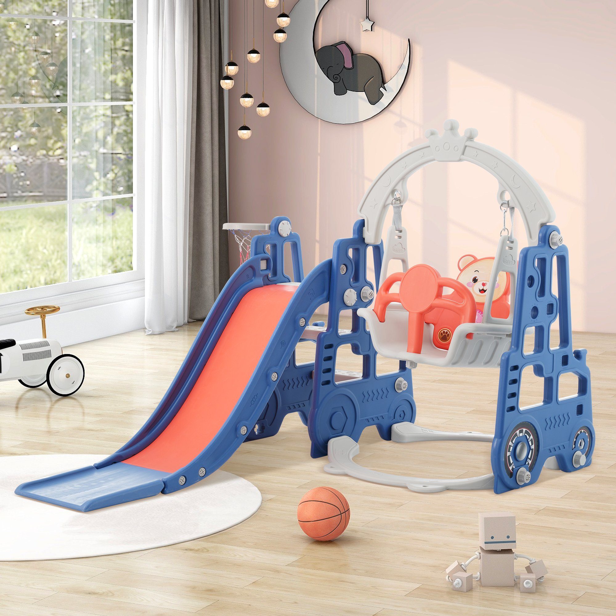BlingBin Indoor-Rutsche 4 (Rutschenkombination, Schaukel Kinderrutsche Blau 1 in 1-tlg., Schaukel, Basketballkorb 1er Klettern, Kinderrutsche, und Set), Spielzeug