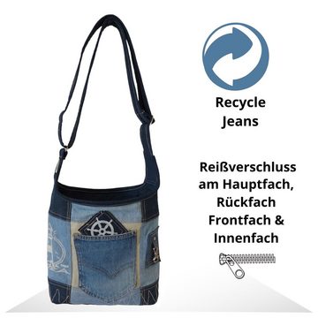 Sunsa Umhängetasche Hobotasche aus recycelte Jeans und Canvas. Blaue Maritim Aufdruck Umhängetasche, Aus recycelten Materialien
