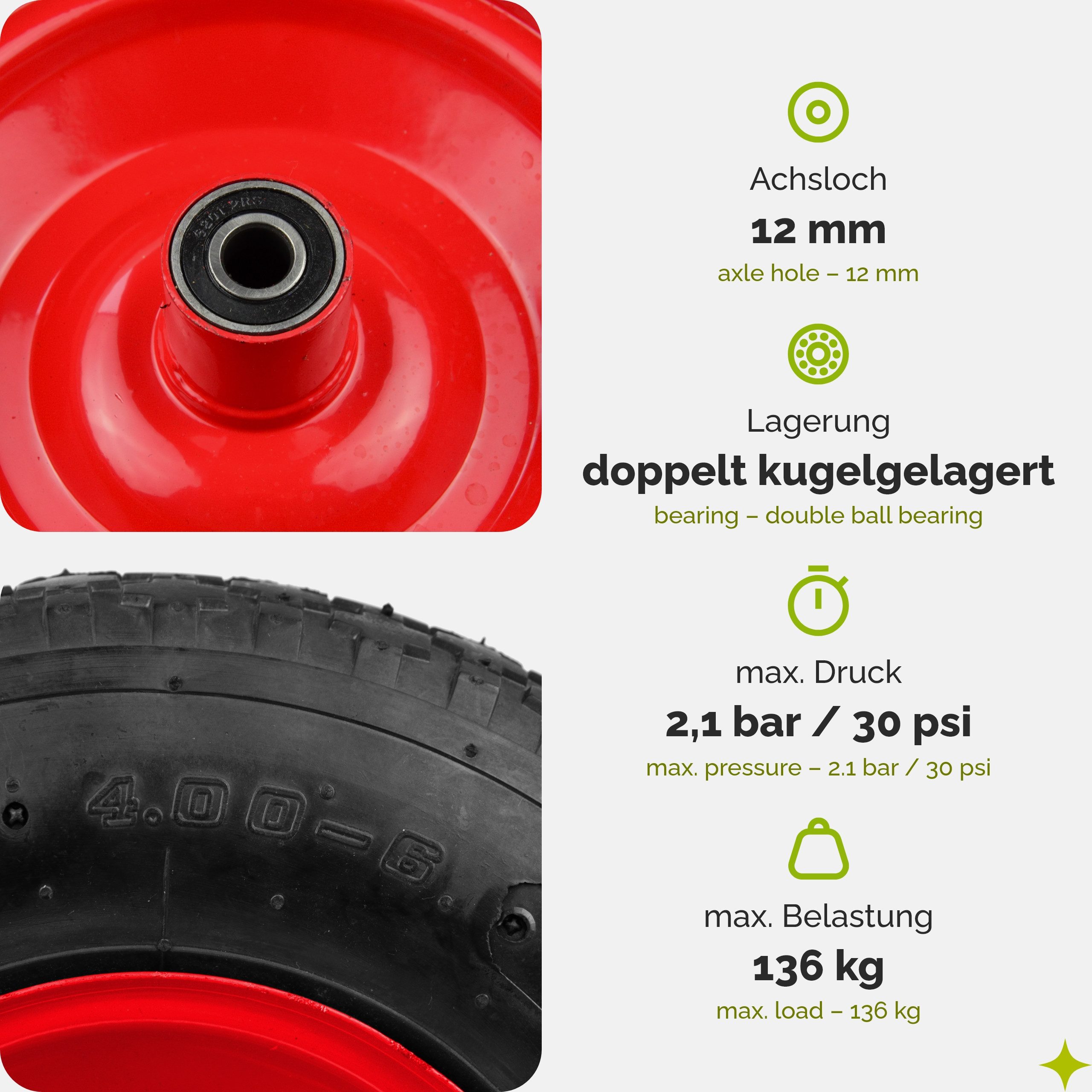 Garronda Schubkarren-Rad Ersatzrad Schubkarrenrad Luftreifen Reifen Stahlfelge Achse GD-0163 (2 St., Reifen; Achse), 4.00-6 2PR
