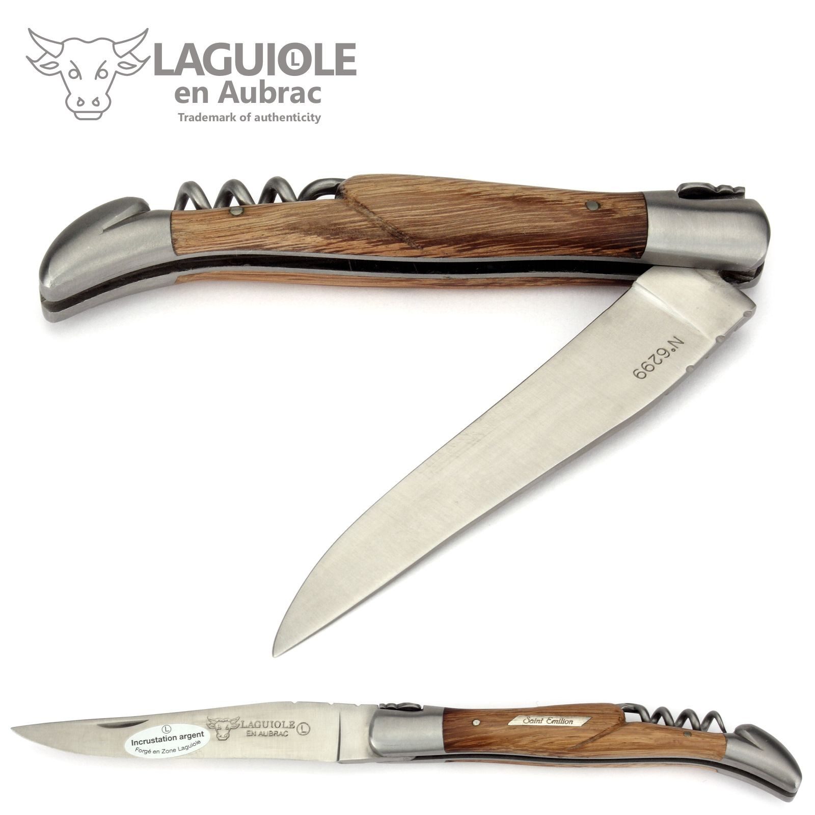 Laguiole en Aubrac Taschenmesser L0312GCIF St. Emilion, Griff 12cm Fasseiche - Silberplakette - Korkenzieher - Stahl matt