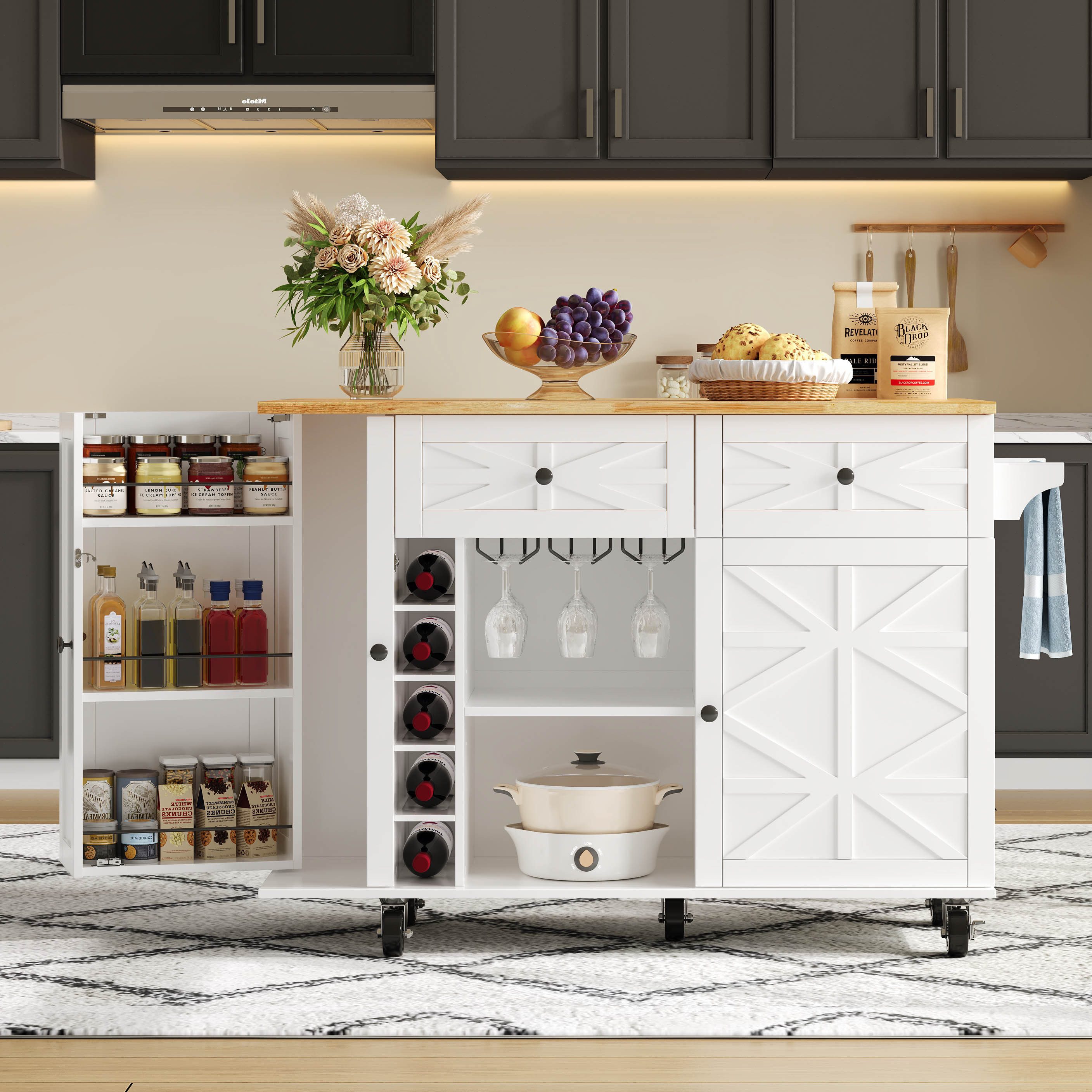 Odikalo Kücheninsel klappbarer Arbeitsplatte mit 5 Rollen Türregal Weinregal Glashalter