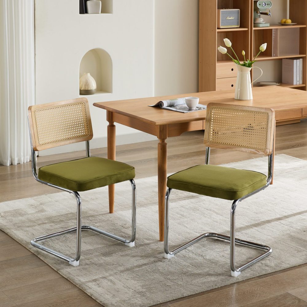 BBWL Polsterstuhl 2er Set Samt Rattan Freischwinger Stuhl mit Chromgestell, Mid Century Dining Chair