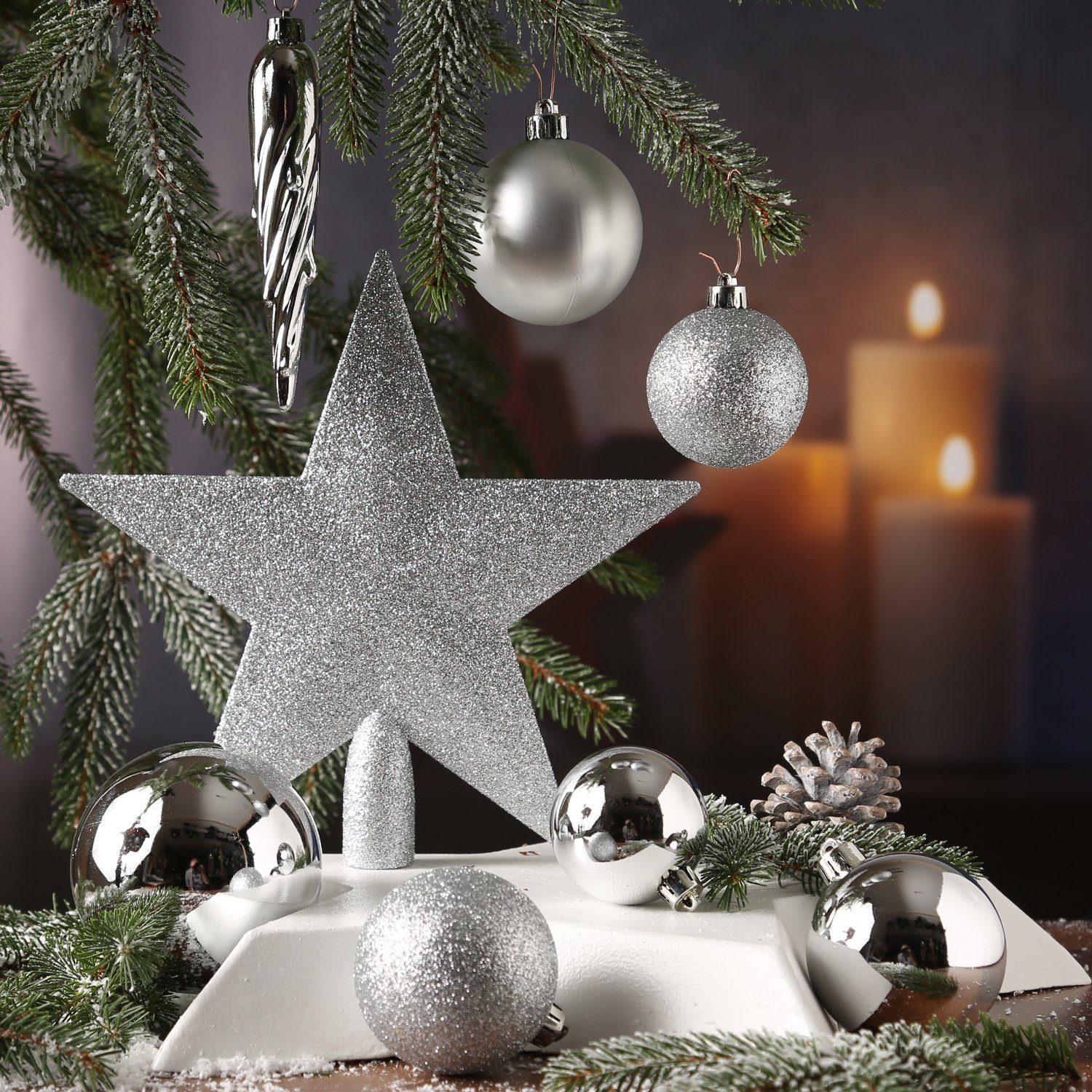 MARELIDA Weihnachtsbaumkugel Weihnachtskugeln mit 33er St) silber (33 bruchfest Set Baumspitze Stern