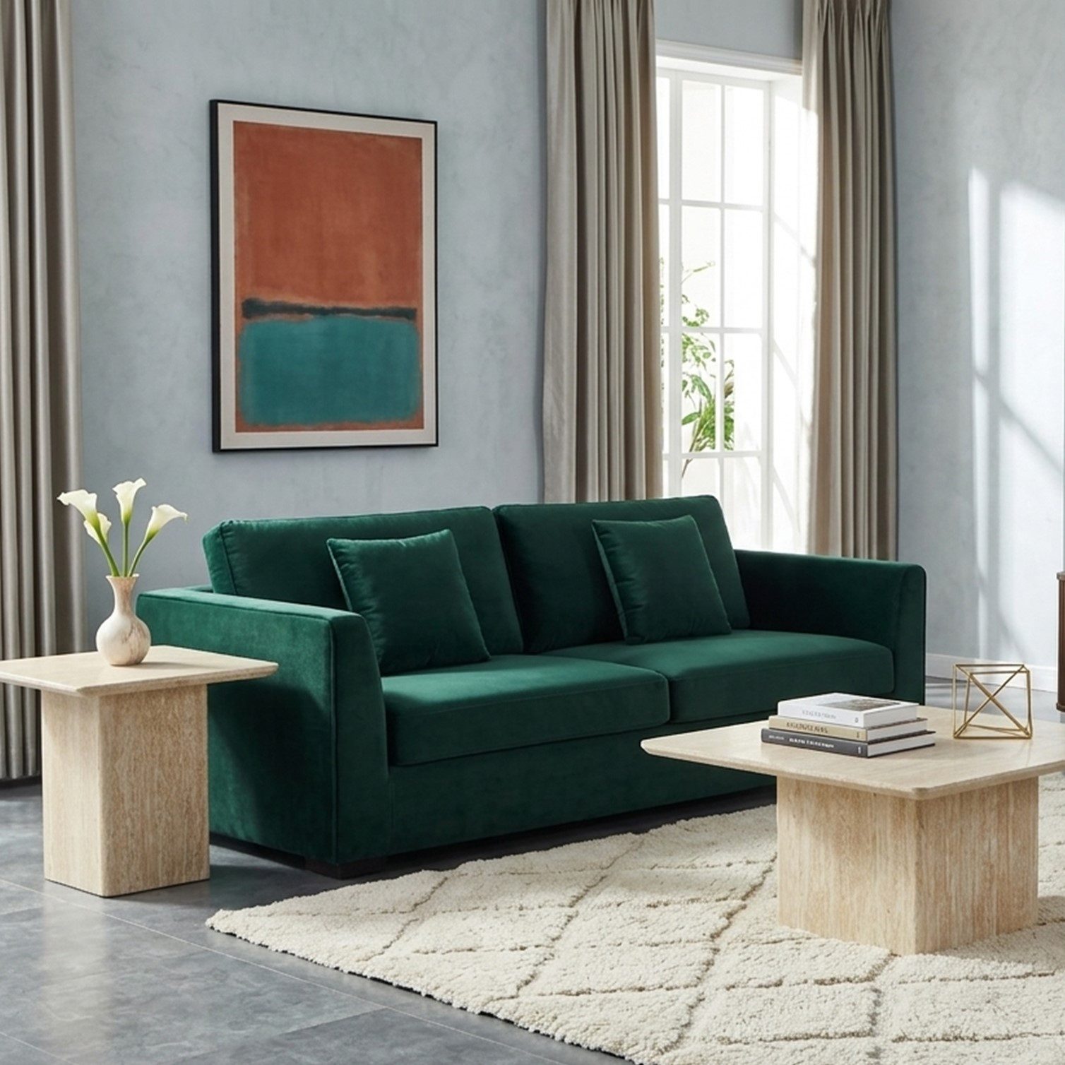 HOOZ Couchtisch Wohnzimmertisch rund 2er Set quadratisch Traventin-Optik Sand 80&60cm (Set), Sofatisch mit geometrischem Gestell – stabil & pflegeleicht