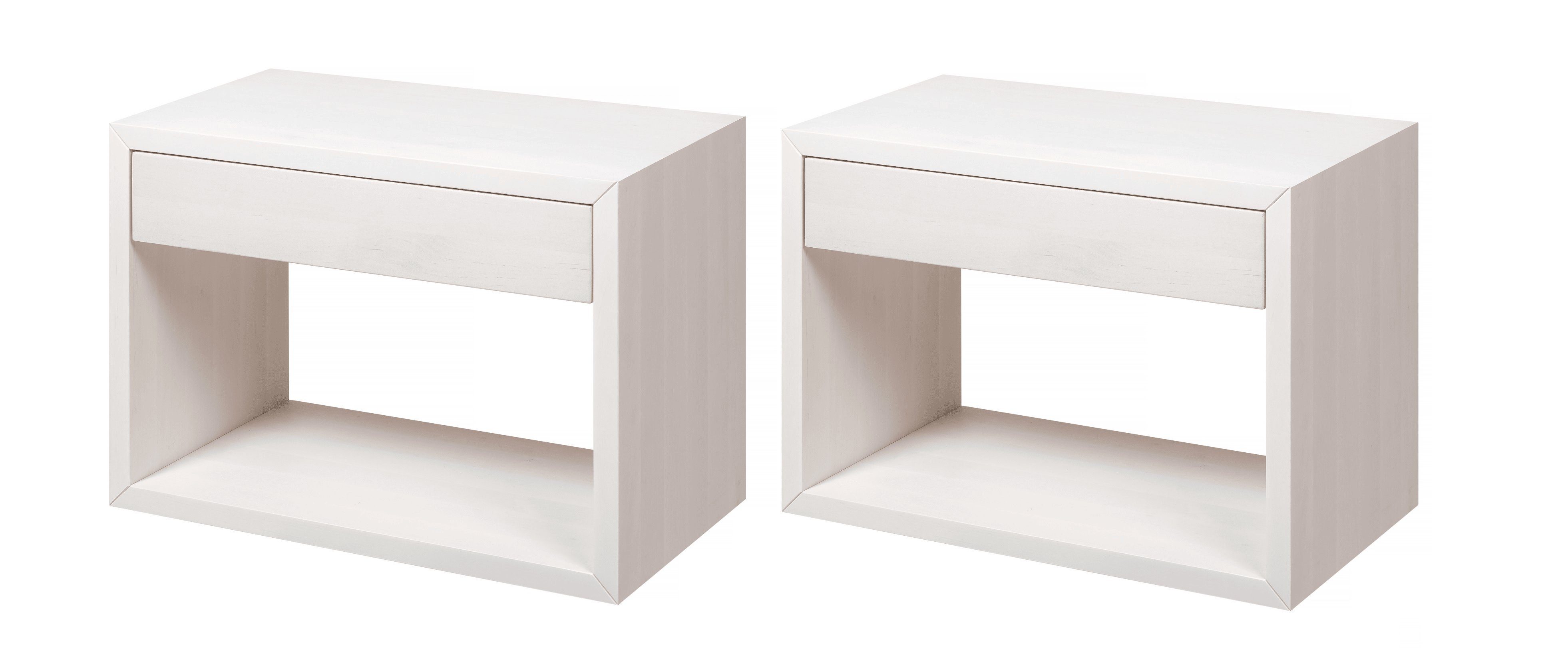 Woodek Design Nachttisch HUGO, breite und schwebende Nachtschränke aus Massivholz (Ablagetische aus weißer Buche, 2-St., funktionale Wandregale), hängende Nachtkonsolen mit Schublade und Ablage