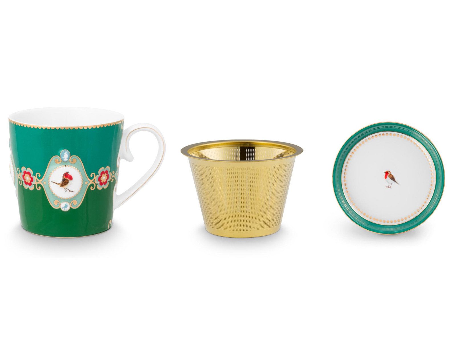 PiP Studio Geschirr-Set Love Birds Medallion Emerald-Green Tesset für eine Person 0,3l, Porzellan