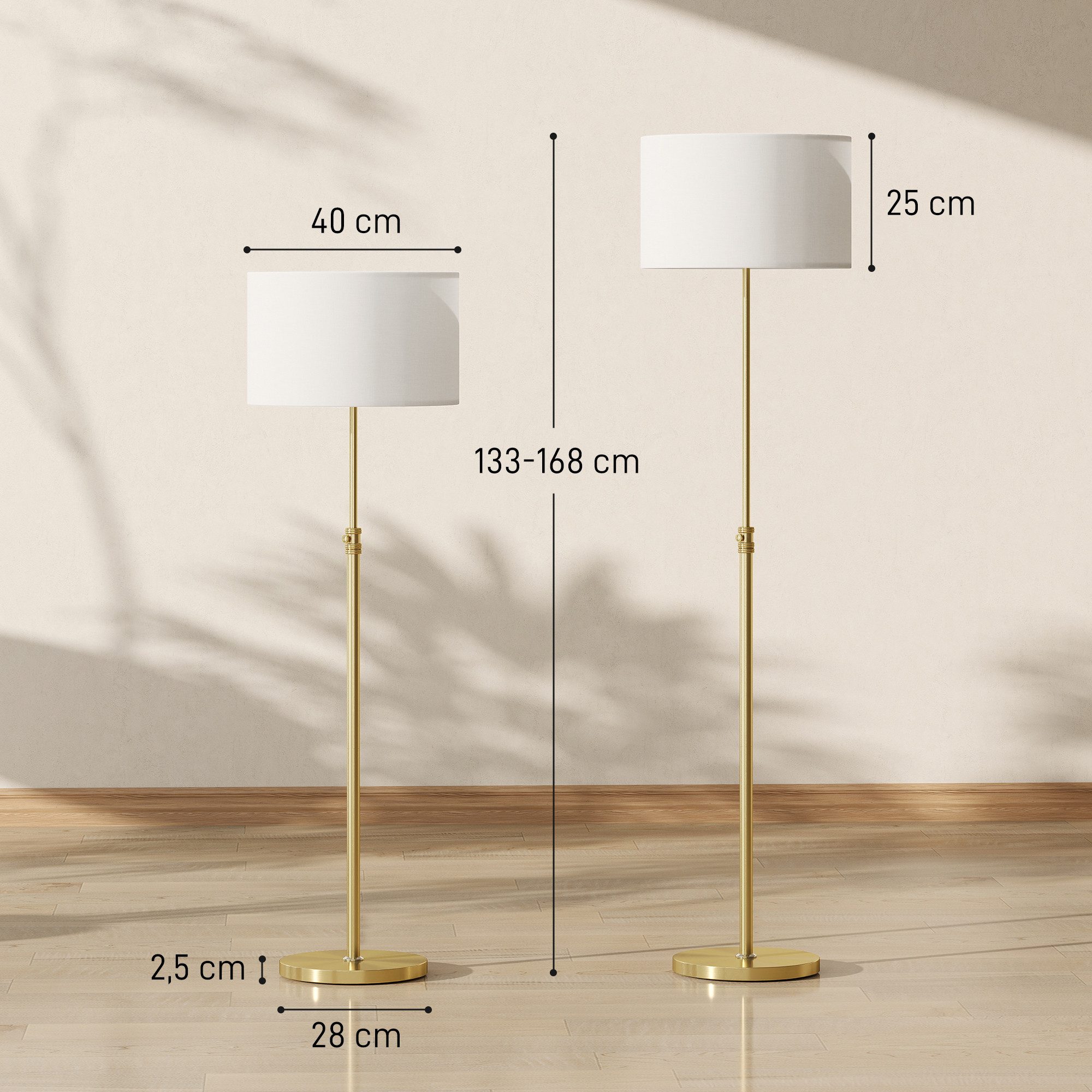 HOMCOM Stehlampe Stehleuchte mit Timer, Standleuchte, 3 Farbtemperaturen, Dimmfunktion, LED wechselbar, Neutralweiß, für Wohnzimmer Schlafzimmer, Gold