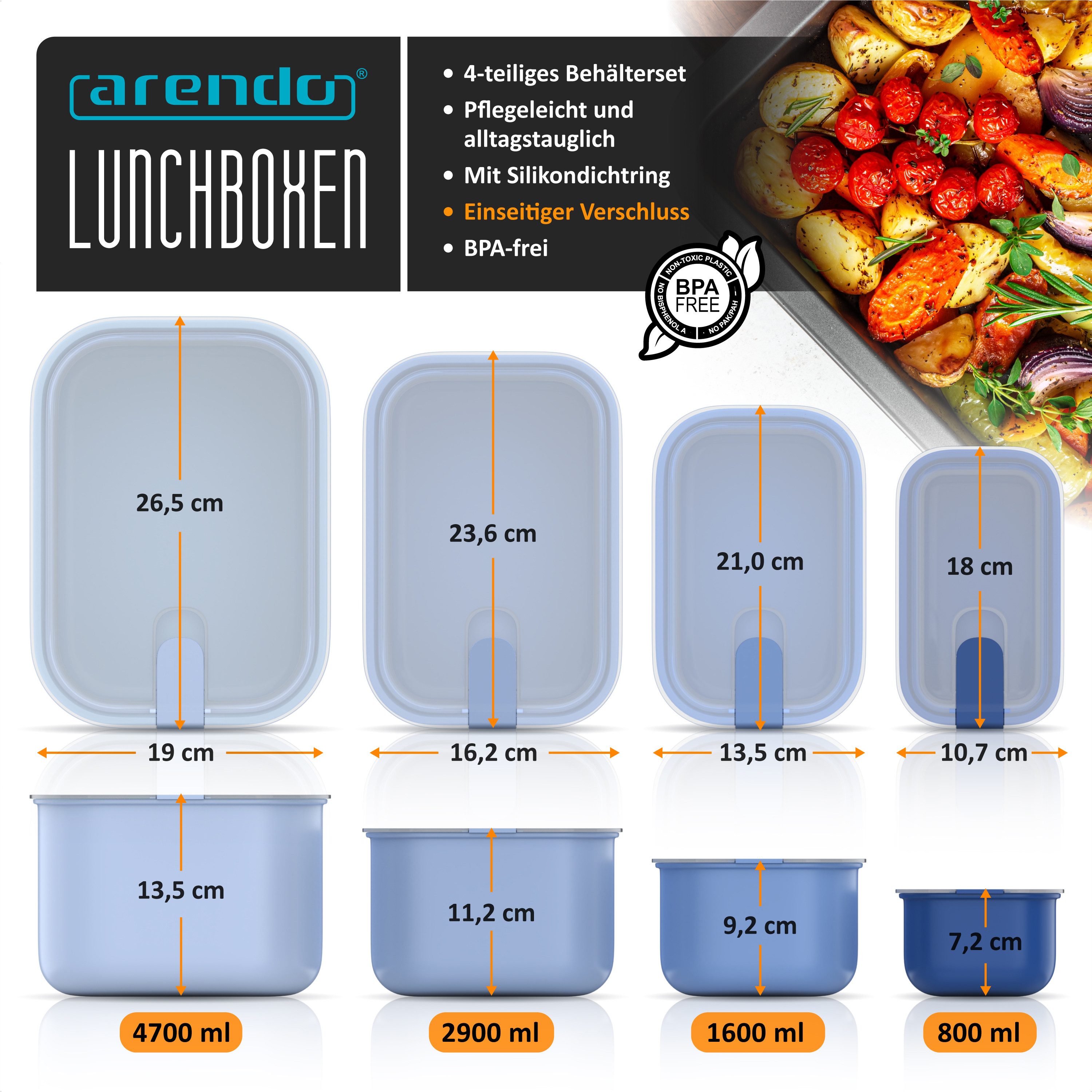Arendo Frischhaltedose mit Deckel 4er Set, Vorratsdosen, Lunchboxen, auslaufsicher, stapelbar, Polypropylen (PP), (Set, 4-tlg., Dosen mit Deckel, 4700 ml, 2900 ml, 1600 ml, 800 ml), Mikrowellen-, Gefrier- & spülmaschinengeeignet, luftdicht
