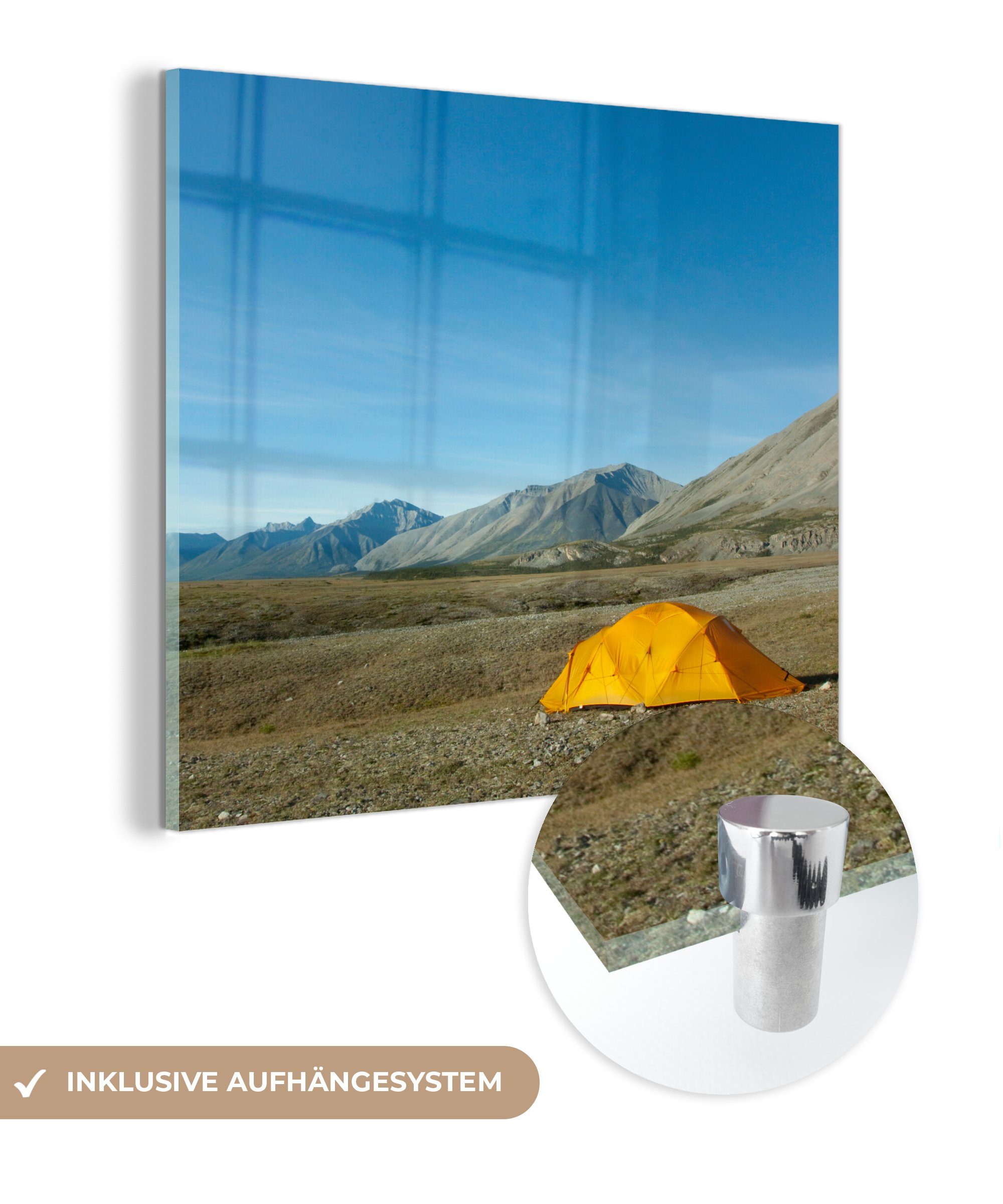 MuchoWow Acrylglasbild auf St), auf Glas Tundra, - der Wandbild Foto Gelbes Glasbilder in - Glas - Wanddekoration Bilder Zelt (1
