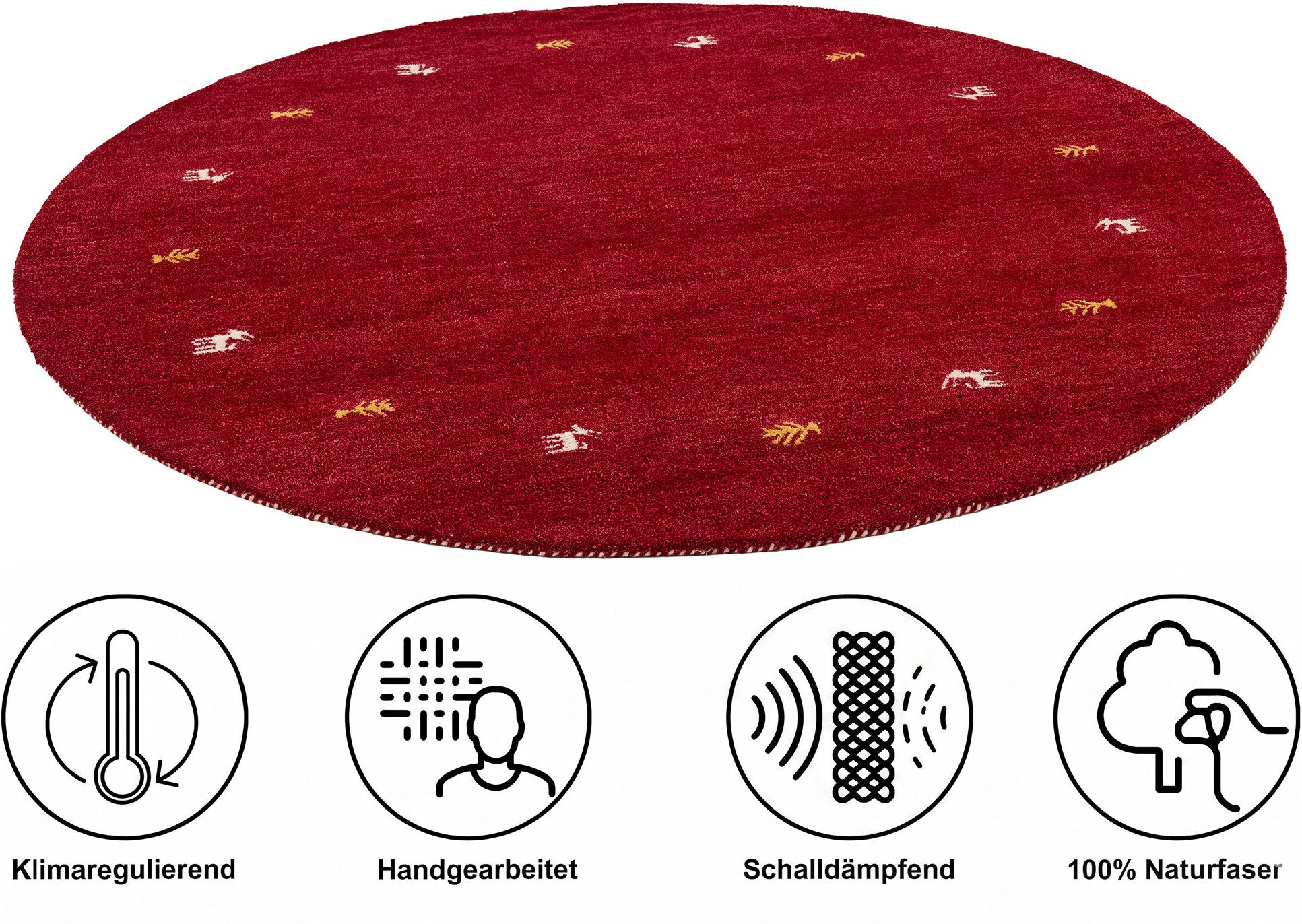 THEKO Wollteppich Gabbeh Motiv, Handgefertigt, Teppich, Tiermotiv, reine Wolle, rund, Höhe: 14 mm, reine Wolle, Wohnzimmer, Schlafzimmer, Esszimmer