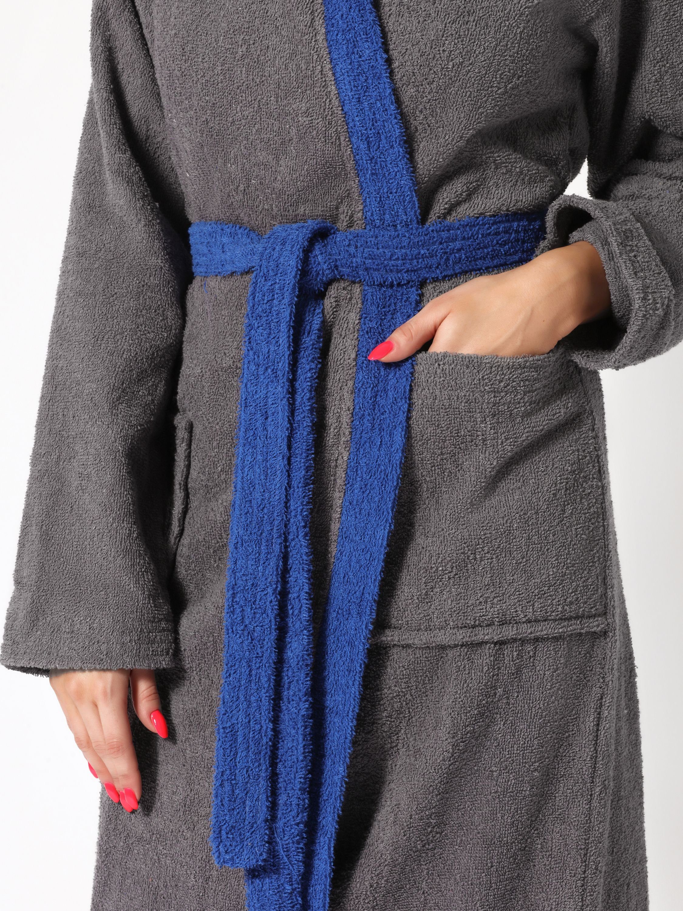 Damen Bademantel Baumwolle, aus Frottee Ladeheid Langform, LA40-191, 100% Baumwolle Kapuze Bademantel Dunkelgrau-12/Blau-28