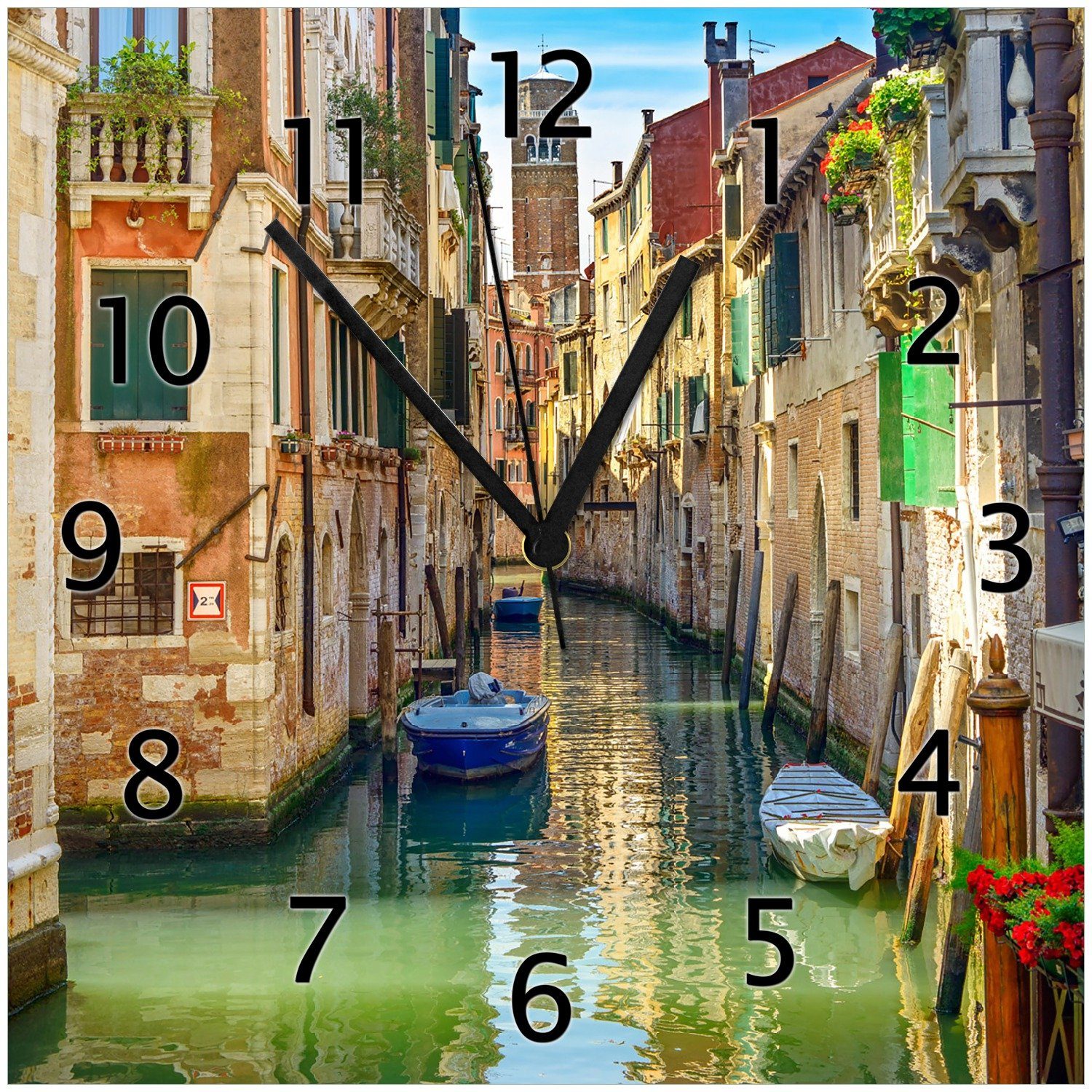 Wallario Wanduhr Urlaub in Venedig Kanal zwischen bunten Häusern (Glasuhr)