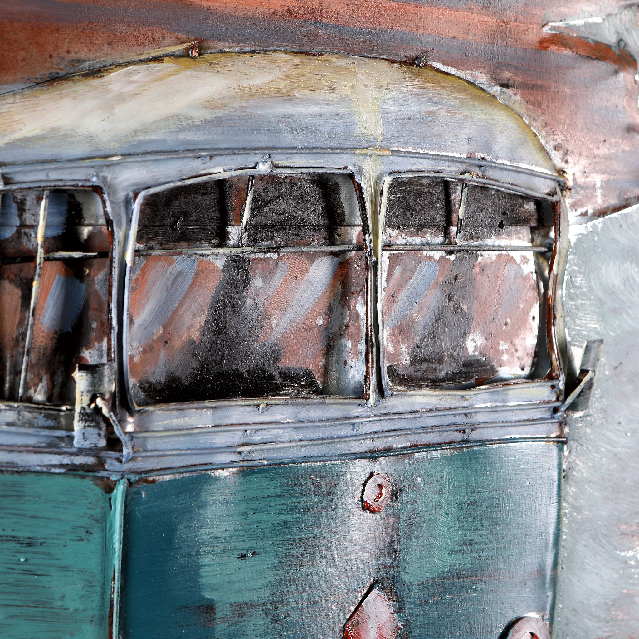 Home4Living Metallbild Wandbild Relief Unikat "Sonnenaufgang Bus" handgefertigt, Sonnenaufgang Bus, 3D-Effekt