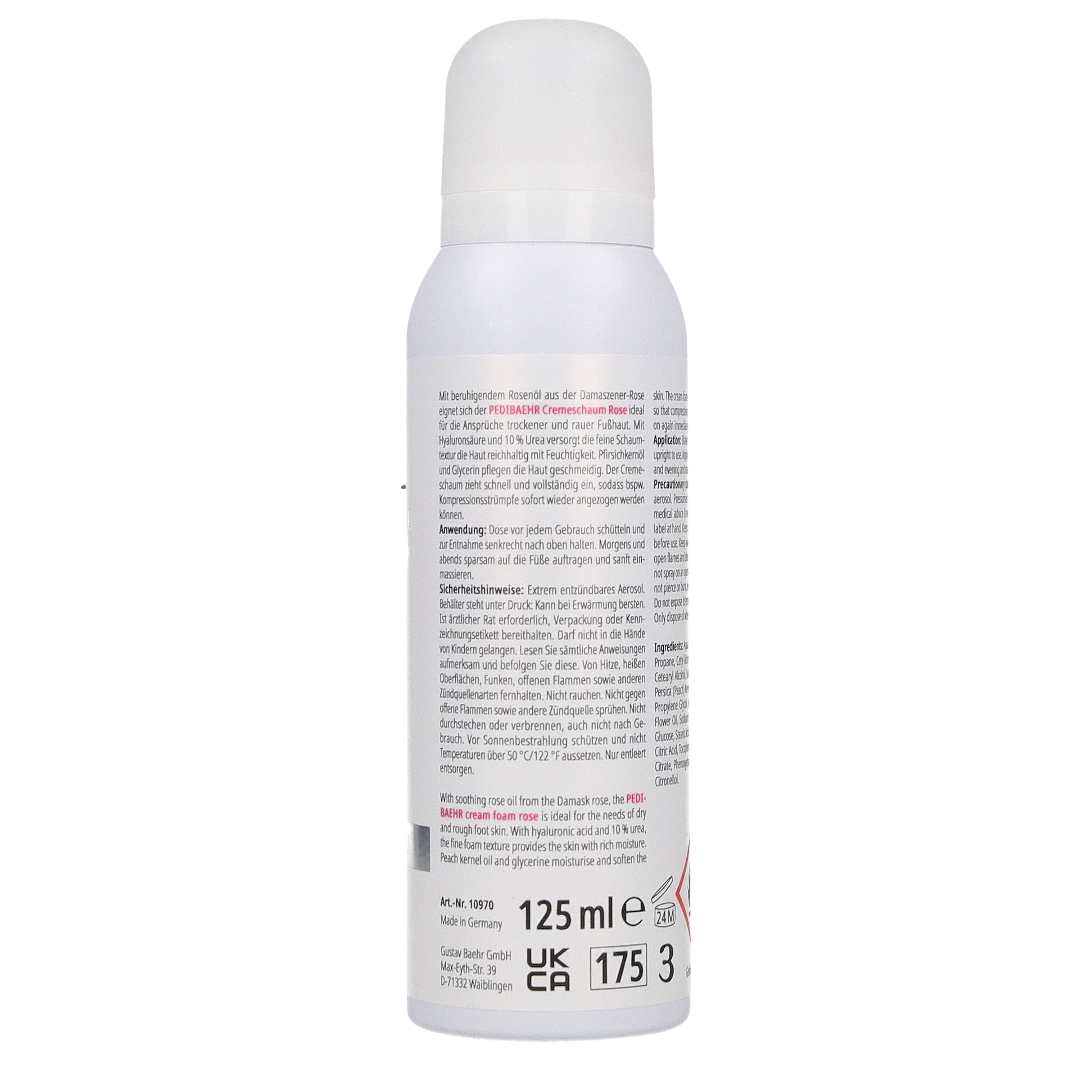 Pedibaehr Fußschaum Pedibaehr Fuß-Cremeschaum Rose 125ml für besonders trockene Haut, 1-tlg., mit Pfirsichkernöl, Hyaluronsäure und 10% Urea