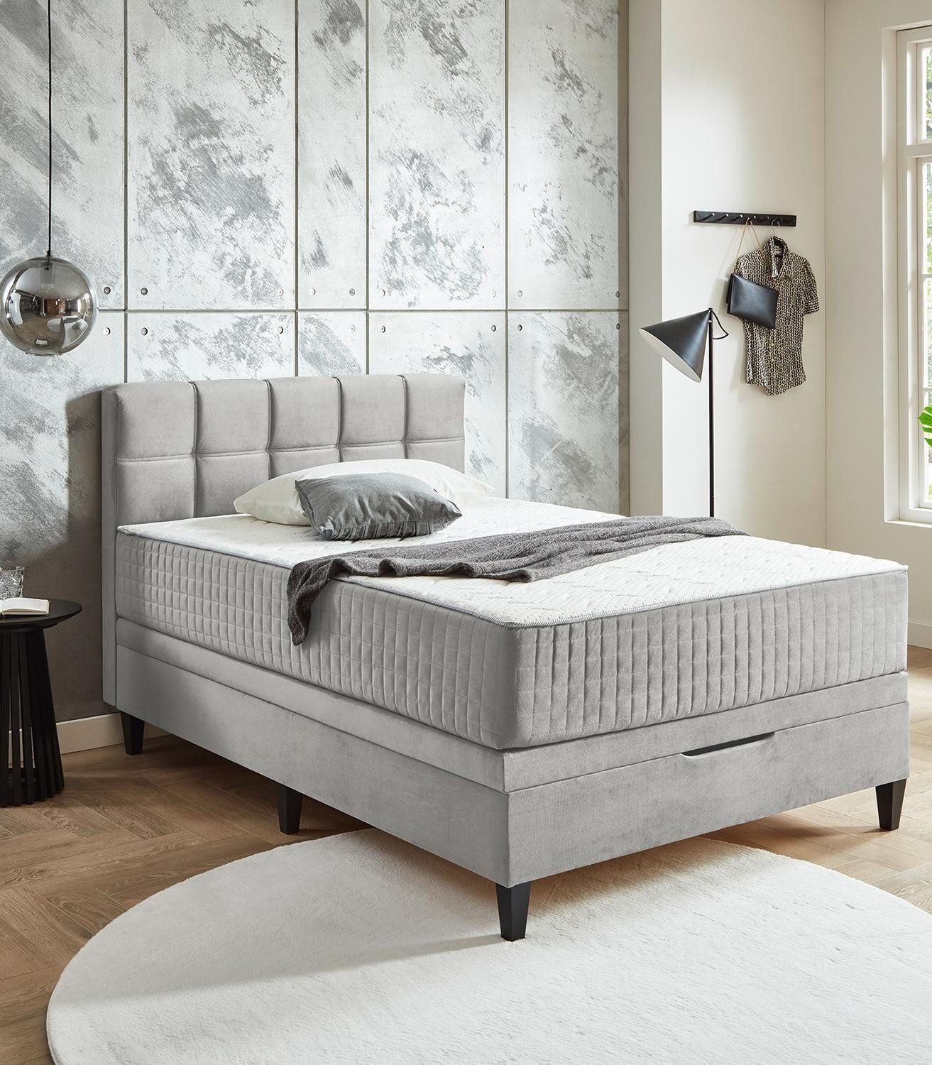 Sun Garden Boxbett WIEN, Hellgrau, Webstoff, mit Bettkasten, 7-Zonen-Taschenfederkernmatratze, B 140 x H 114 x T 213 cm