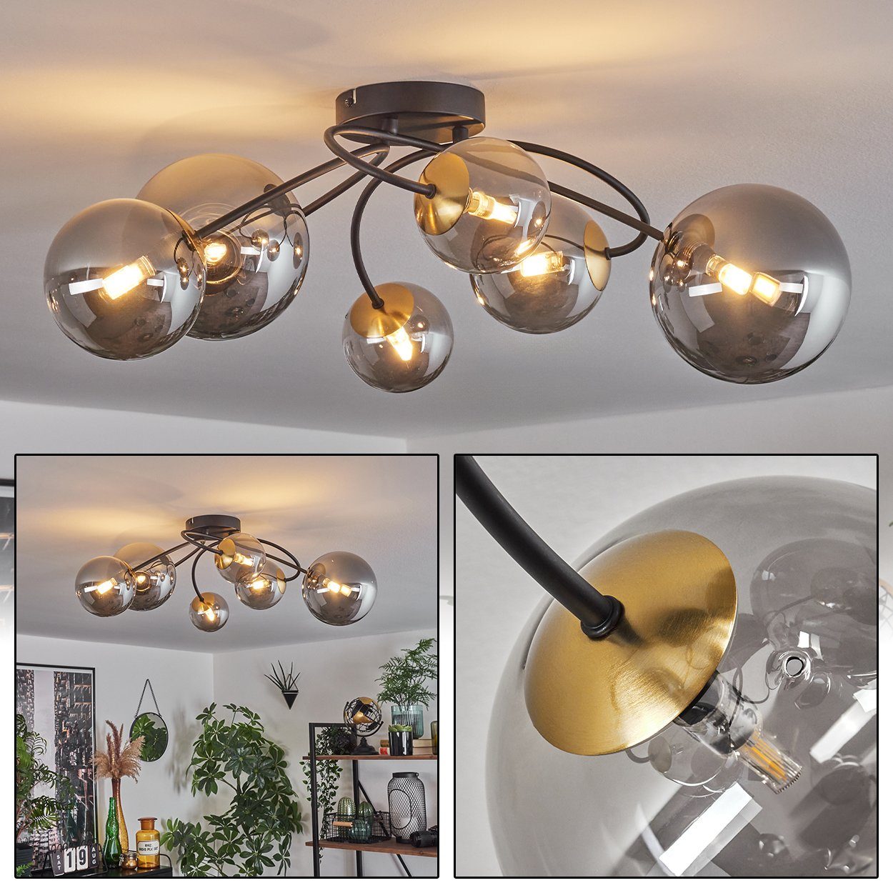 hofstein Deckenleuchte Deckenlampe aus Metall/Glas in Schwarz/Goldfarben/Rauchfarben, ohne Leuchtmittel, Leuchte im Retro-Design aus Glas, 6 x G9 LED, ohne Leuchtmittel