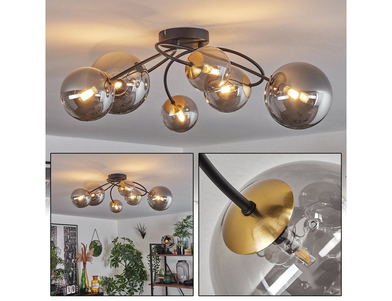 hofstein Deckenleuchte Deckenlampe aus Metall/Glas in Schwarz/Goldfarben/Rauchfarben, ohne Leuchtmittel, Leuchte im Retro-Design aus Glas, 6 x G9 LED, ohne Leuchtmittel