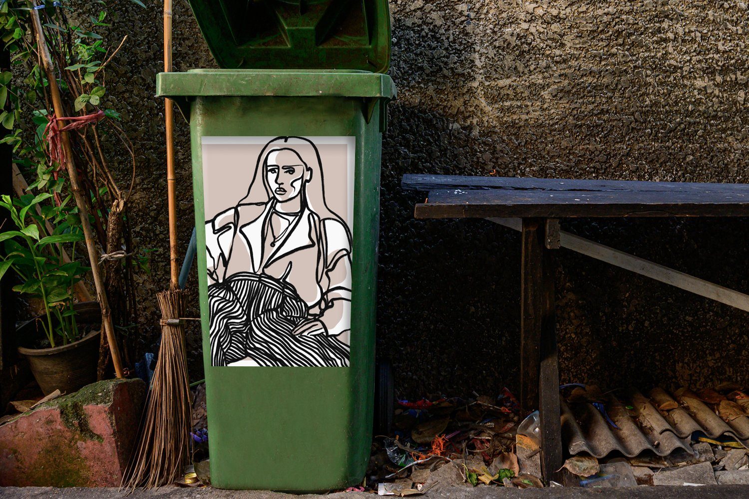 MuchoWow Pastell - Mülltonne, - Strichzeichnung Frau Mülleimer-aufkleber, - Abfalbehälter Sticker, Porträt (1 Container, St), Wandsticker
