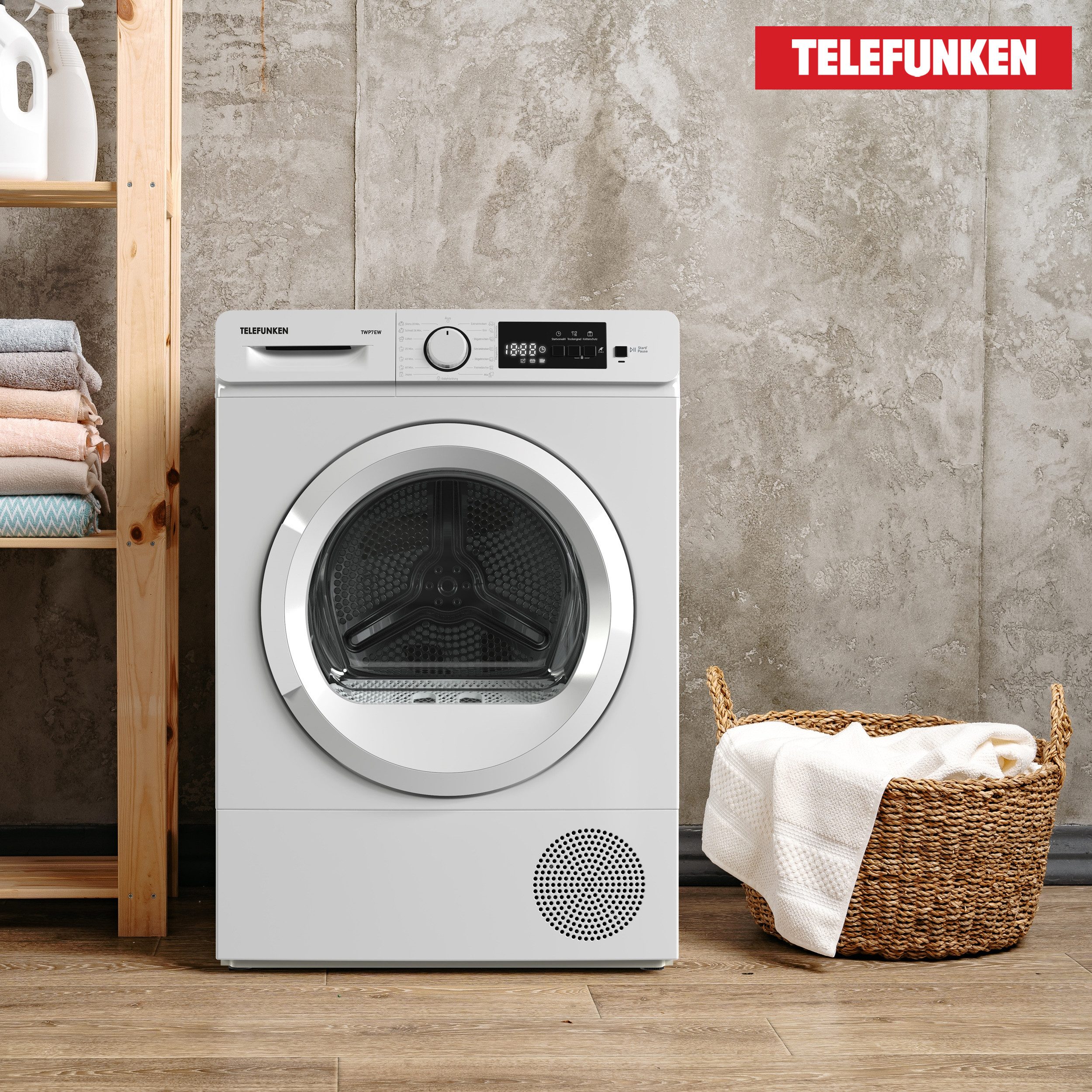 Telefunken Wärmepumpentrockner TWP7EW, 7kg Trockner mit Knitterschutz, Wäschetrockner mit 15 Programmen, weiß