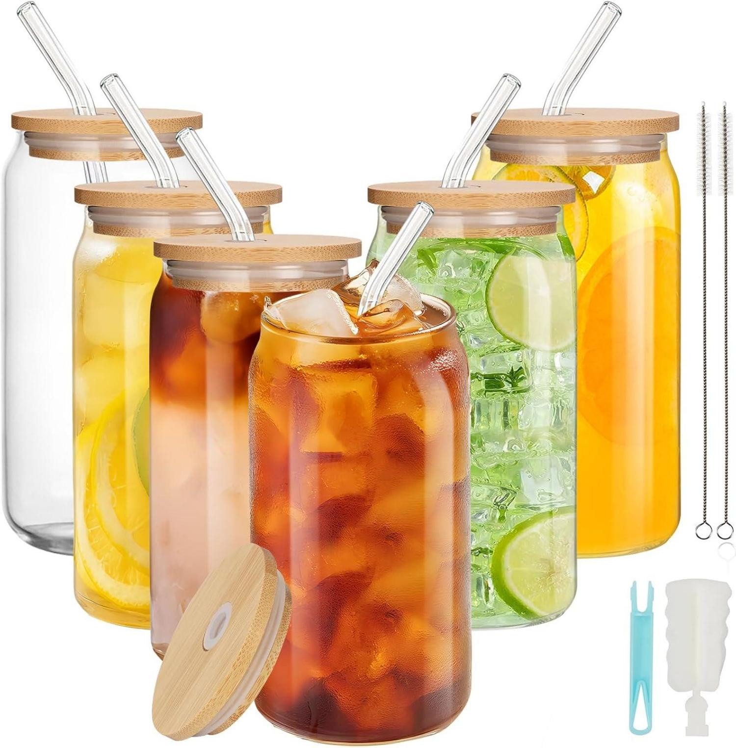 Longdrinkglas 16oz Cocktail Gläser Set mit Deckel und Strohhalm 6er Pack