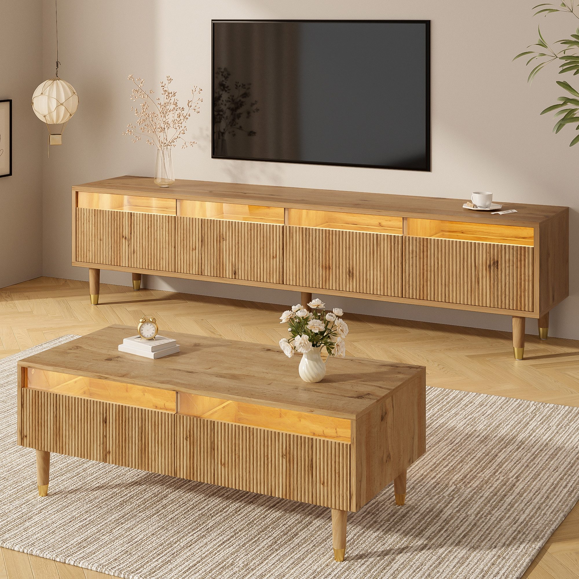 OKWISH Wohnzimmer-Set LED-Möbelset, (TV-Schrank+Wohnzimmertisch, 2-St., Cou günstig online kaufen