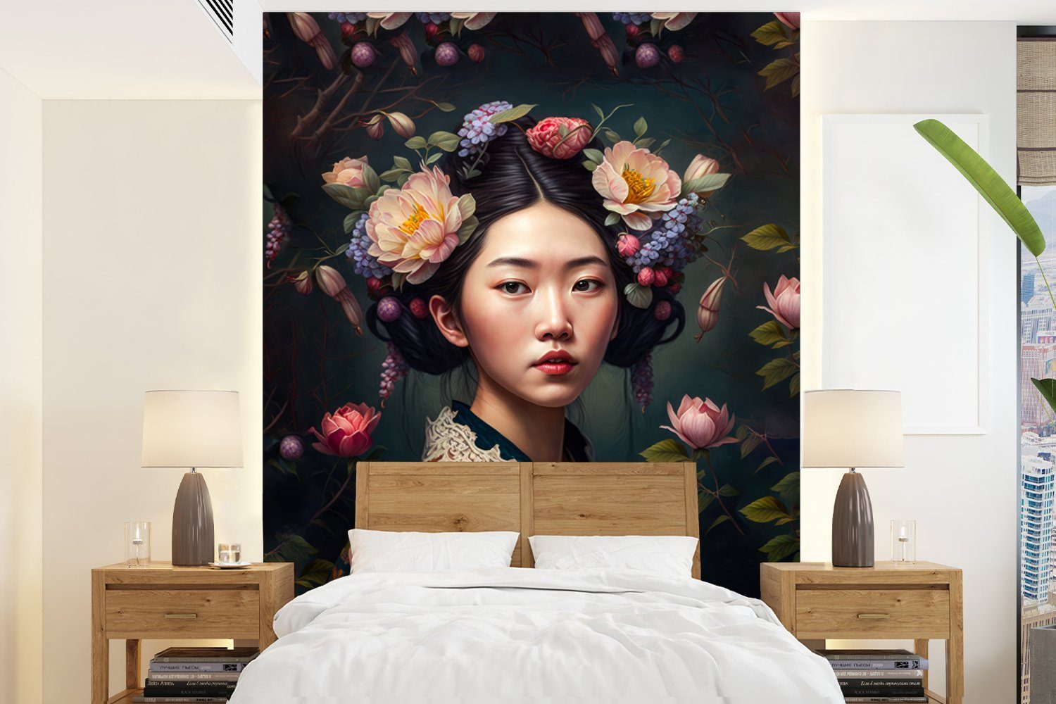 MuchoWow Fototapete Frau - Blumen - Kimono - Porträt - Asiatisch, Matt, bedruckt, (4 St), Montagefertig Vinyl Tapete für Wohnzimmer, Wandtapete